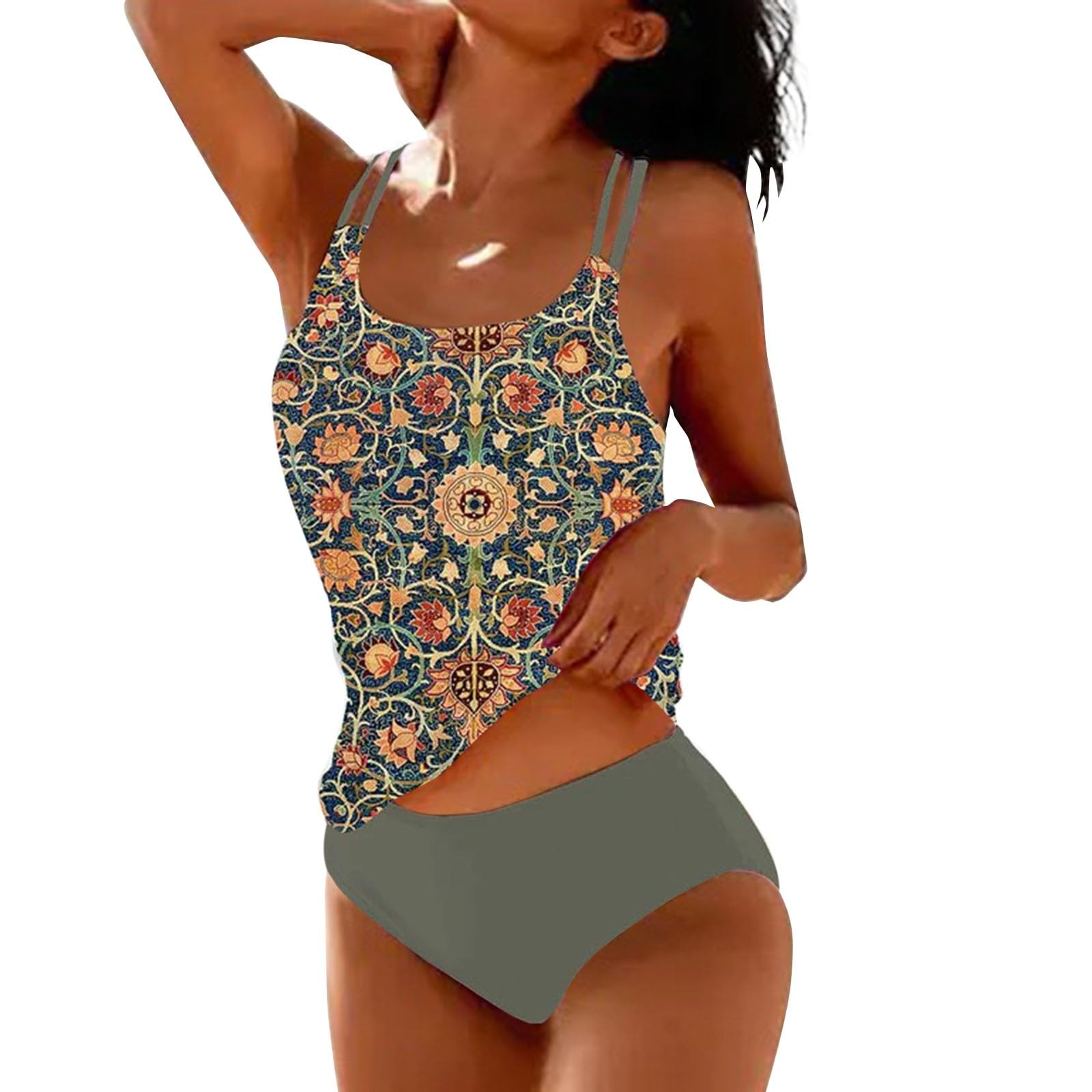 Tankinis Traje De Baño Mujer Dos Piezas Flores Impresión Swimwear Sujetador Acolchado Doble Volantes Triángulo De Copa con Tirantes De Espagueti