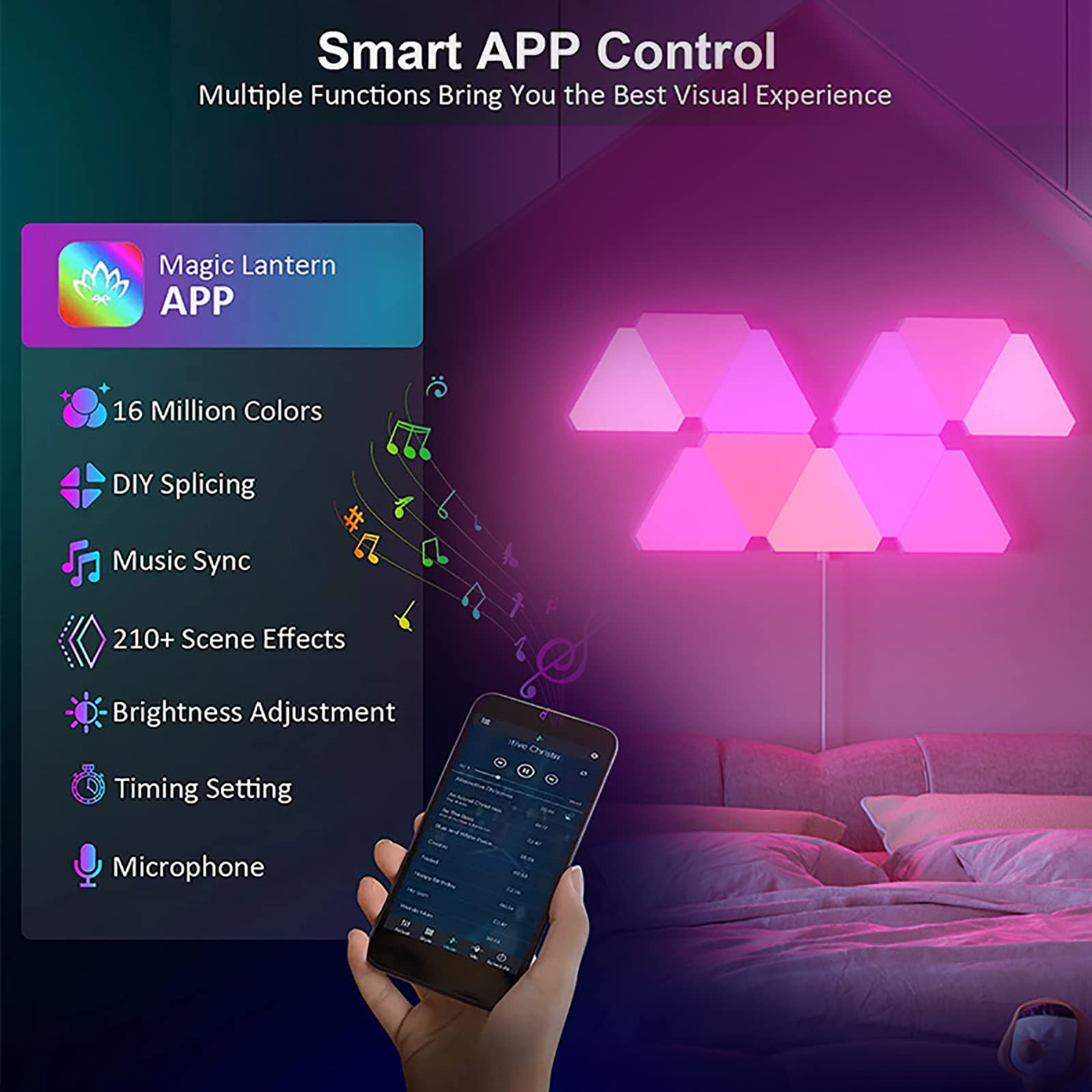 Paneles luminosos triangulares LED, aplique de pared que cambian de color, lámpara de juego inteligente RGB con control de aplicación y sincronización de música remota para dormitorio, sala de estar y