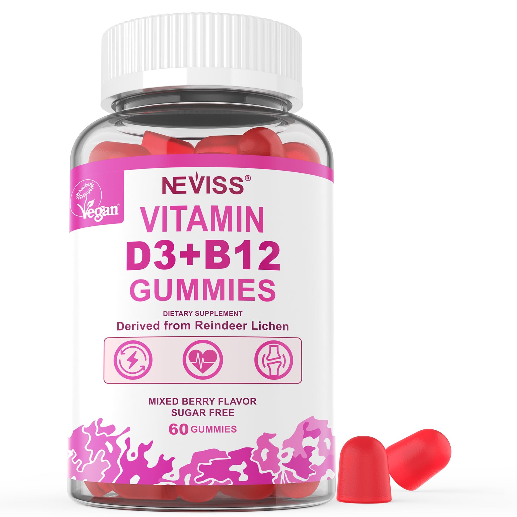 NEVISS Vegan Vitamin D3 5000IU + Vitamin B12 Gummies for Women Men, 60Ct 60 Count (Pack of 1)