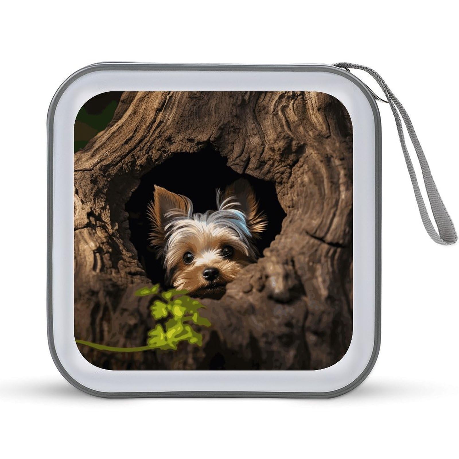 A Little Yorkshire Terrier Nestled in A Tree Hole CD Case with Hand Strap Lightweight DVD Wallet Holder 40 Capacity CD/DVD Case Wallet Protective CD Wallet CD/DVD Portable Storage Binder for Car Home