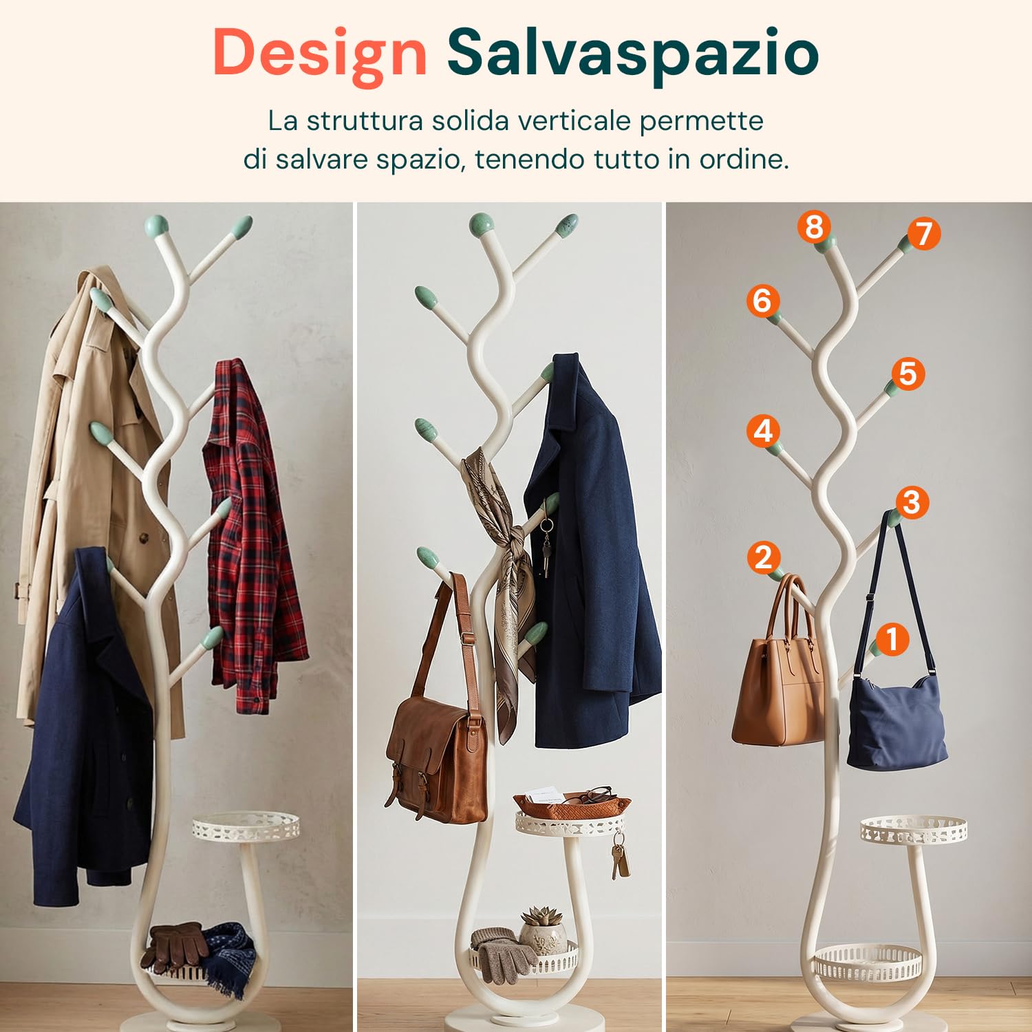 Avilia - Appendiabiti in Metallo Bianco a Piantana - Stand con 2 Vassoi Svuotatasche Integrati - Attaccapanni Salvaspazio ad Alta Portata per Ingresso e Camera - H 166,5 cm