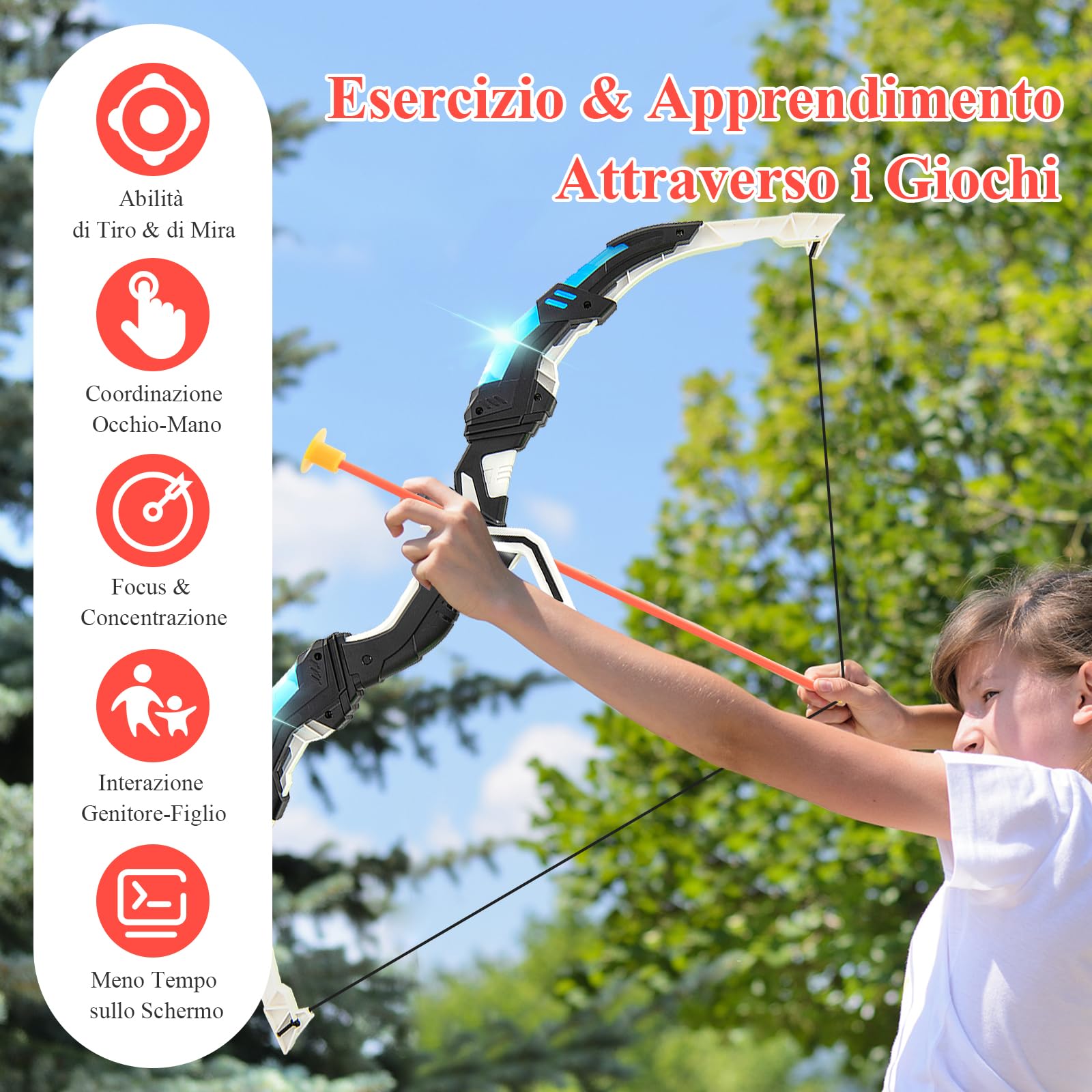 GYMAX Set di 2 Archi e Frecce a LED per Bambini con 20 Frecce a Ventosa, 2 Faretre e Bersaglio
