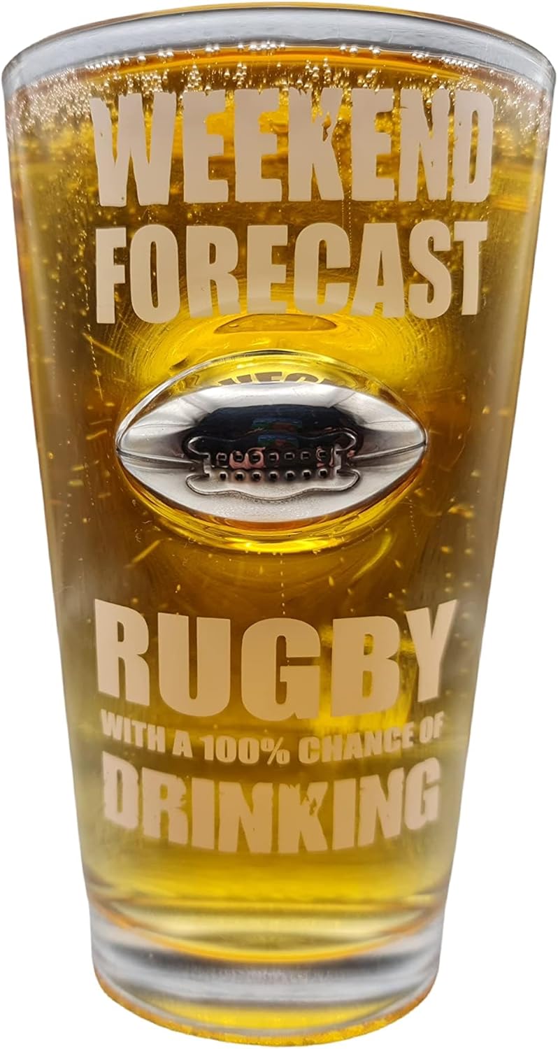 solo-pro master your game Rugby Pint Glass with Metal Ball Embellishment, Weekend Forecast Design, Novelty Sports Gift