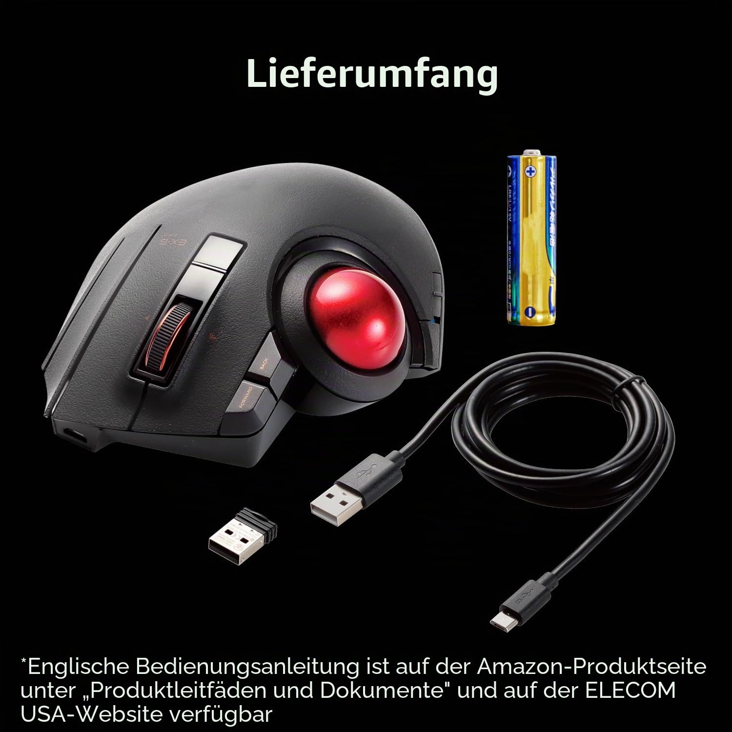 ELECOM Trackball Mouse Wireless, Ergonomic, 3Device Connection, Wired (USB), Bluetooth, Track Ball Mouse, Thumb Control, Compatible for PC, Laptop, Mac, Windows, macOS, EX-G Pro (M-XPT1MRXBK)