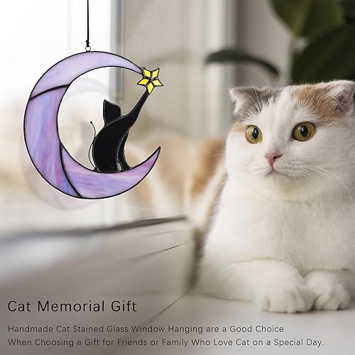 Miniatura 3 de Atrapasoles colgante de ventana de cristal negro con gato en luna de 6.5 pulgadas, paneles de ventana de cristal, decoración artística de pared,