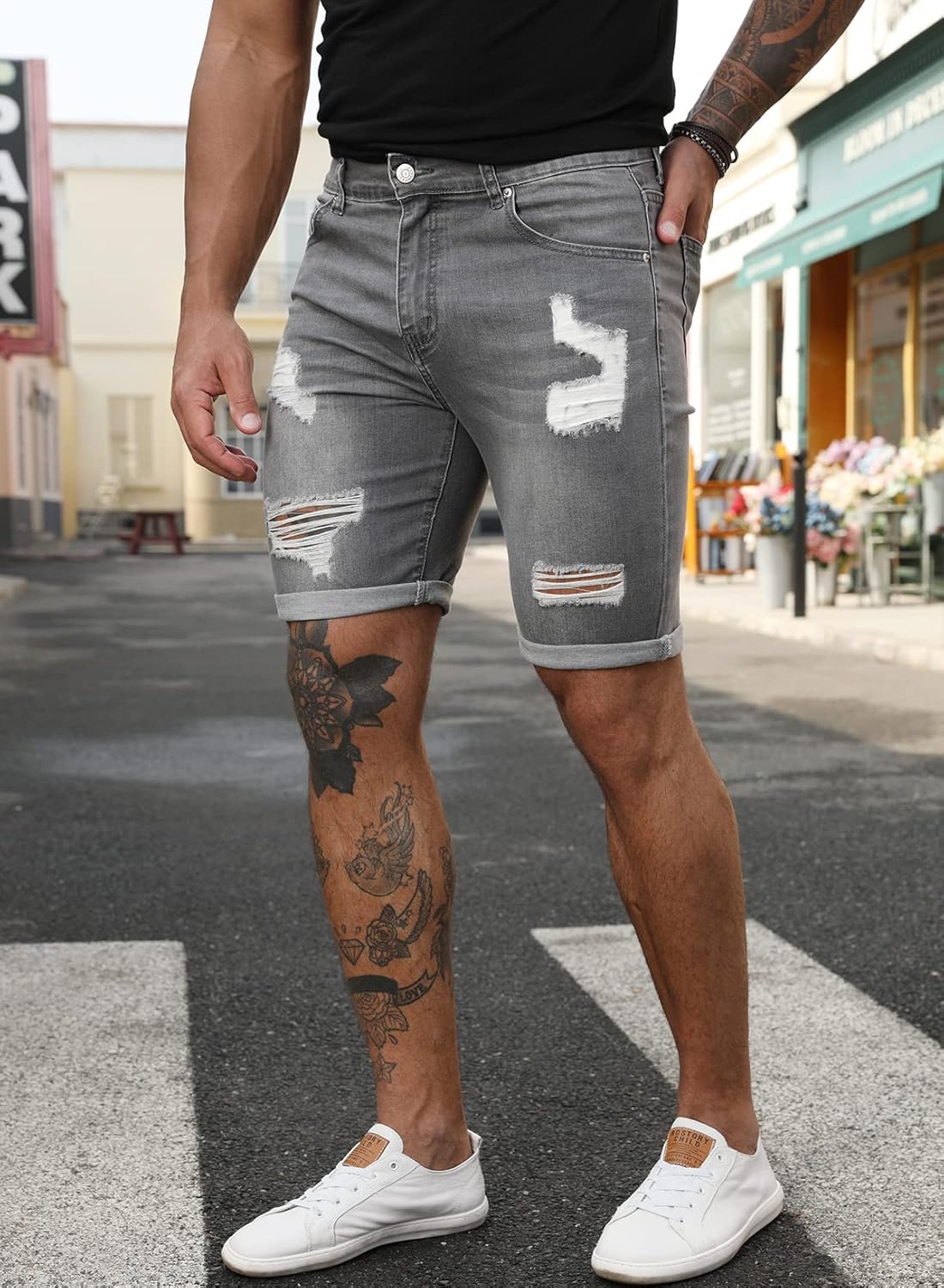 JMIERR Mens Jean Shorts Casual Ripped Slim Fit Denim Shorts Stretch Skinny Summer Streetwear Short - Image 7