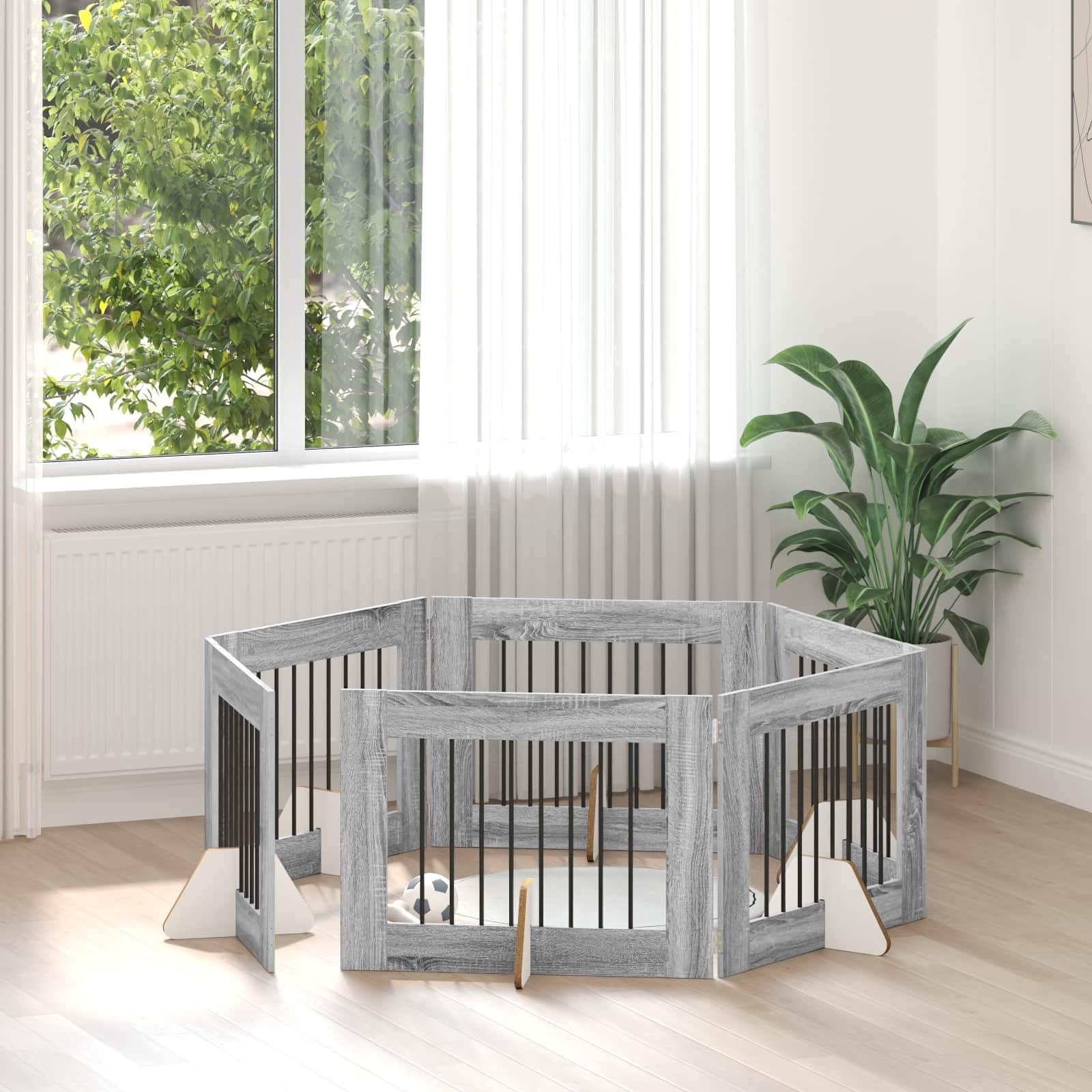 6-Panel Foldable Wooden Dog Gate, 24" Height, Gray Sonoma | Configures flexibly up to 190 inches long to block hallways or create indoor play areas for puppies and small dogs.