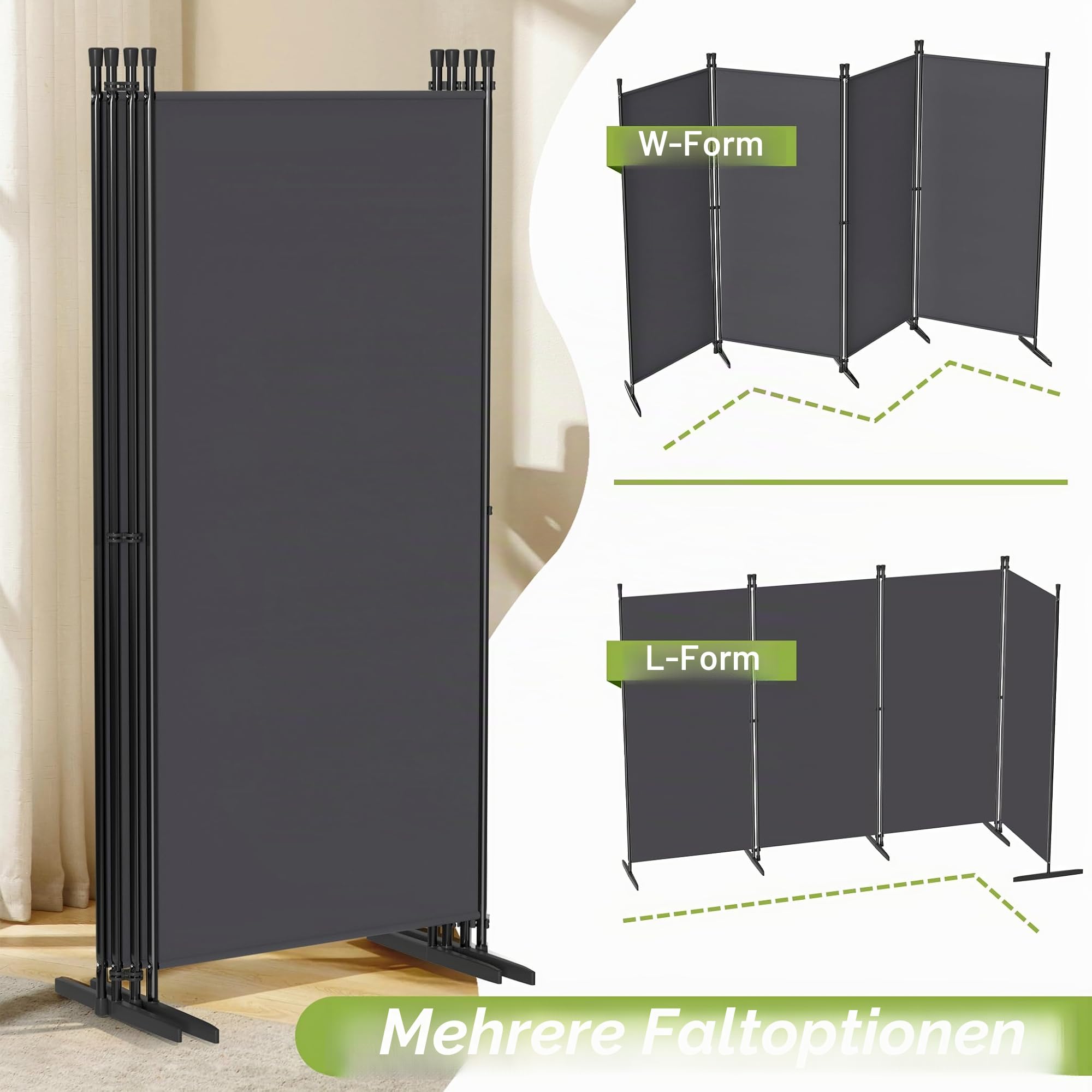 UISEBRT Trennwand Raumteiler innen 5 Teilig 250 x 180 cm,Paravent Outdoor wetterfest stabil mit Heringen & Abspannleinen,Raumtrenner Spanische Wand sichtschutz Balkon Garten,Dunkelgrau