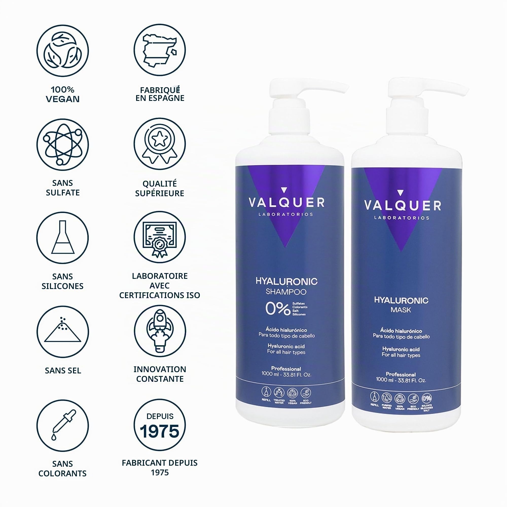 Valquer. Pack Acide Hyaluronique 1L - Shampoing 1l et Masque Capillaire 1l à l'Acide Hyaluronique - 1000ml * pièces