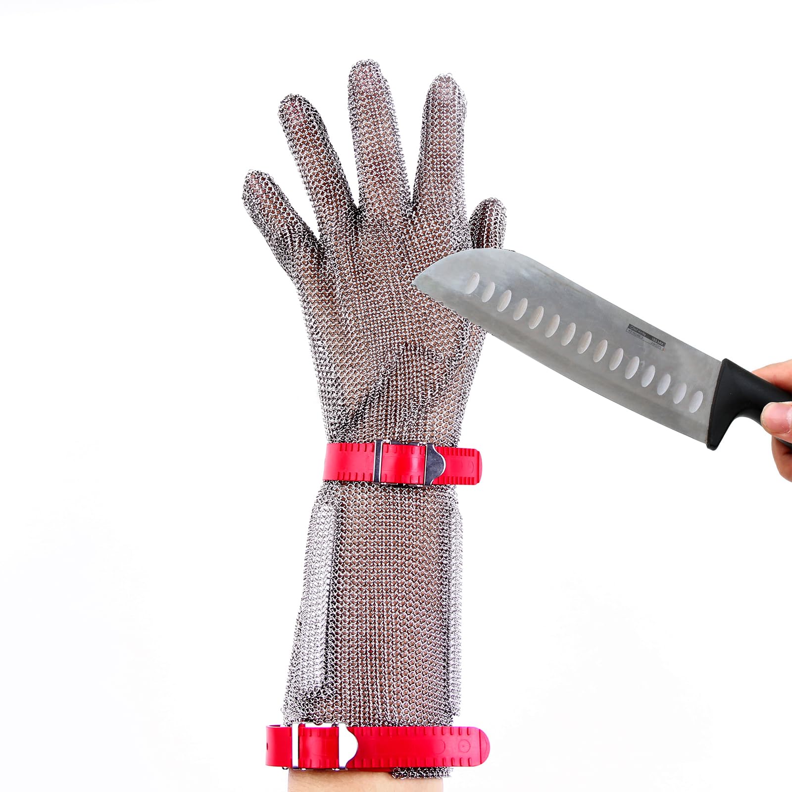 Profi Kettenhemd Handschuh aus Edelstahl, 15cm Lang, Schnittfest mit Kunststoffriemen, für Metzger und Fleischverarbeitung (L)