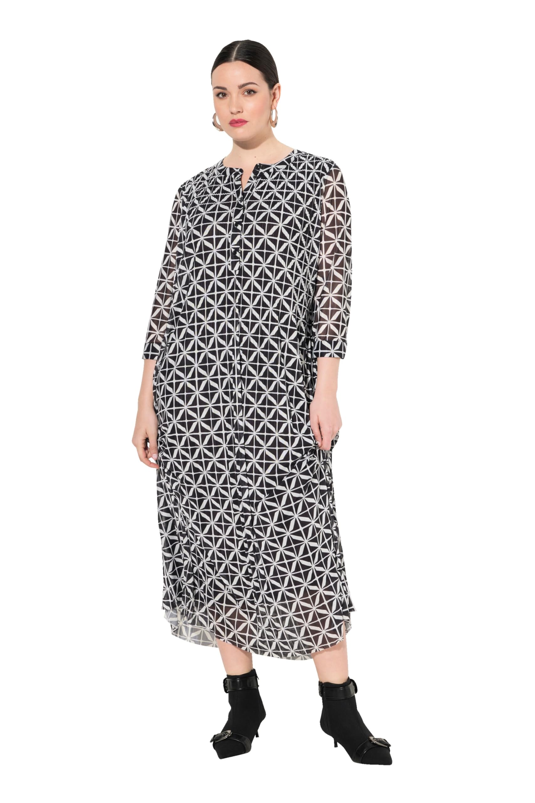Ulla Popken Damen große Größen Übergrößen Plus Size Mesh-Maxikleid, doppellagig, Rundhals, 3/4-Arm 830988