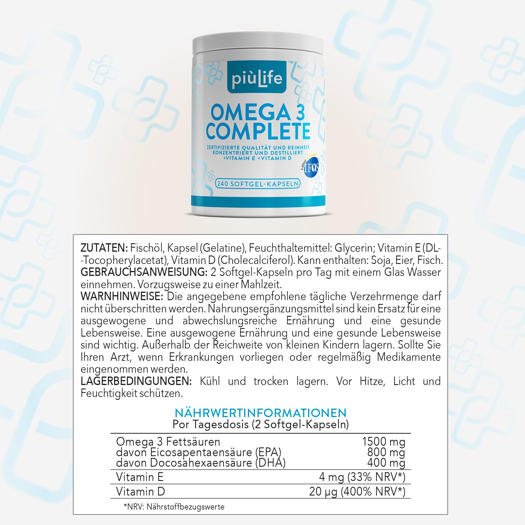 Omega 3 IFOS 5 Sterne Zertifiziert PiùLife mit Vitamin D3 & E – 480 Softgel | Fischöl EPA DHA 800 mg & 400 mg pro Tagesdosis, Omega 3 Kapseln hochdosiert für Herz, Gehirn, Augen, Knochen