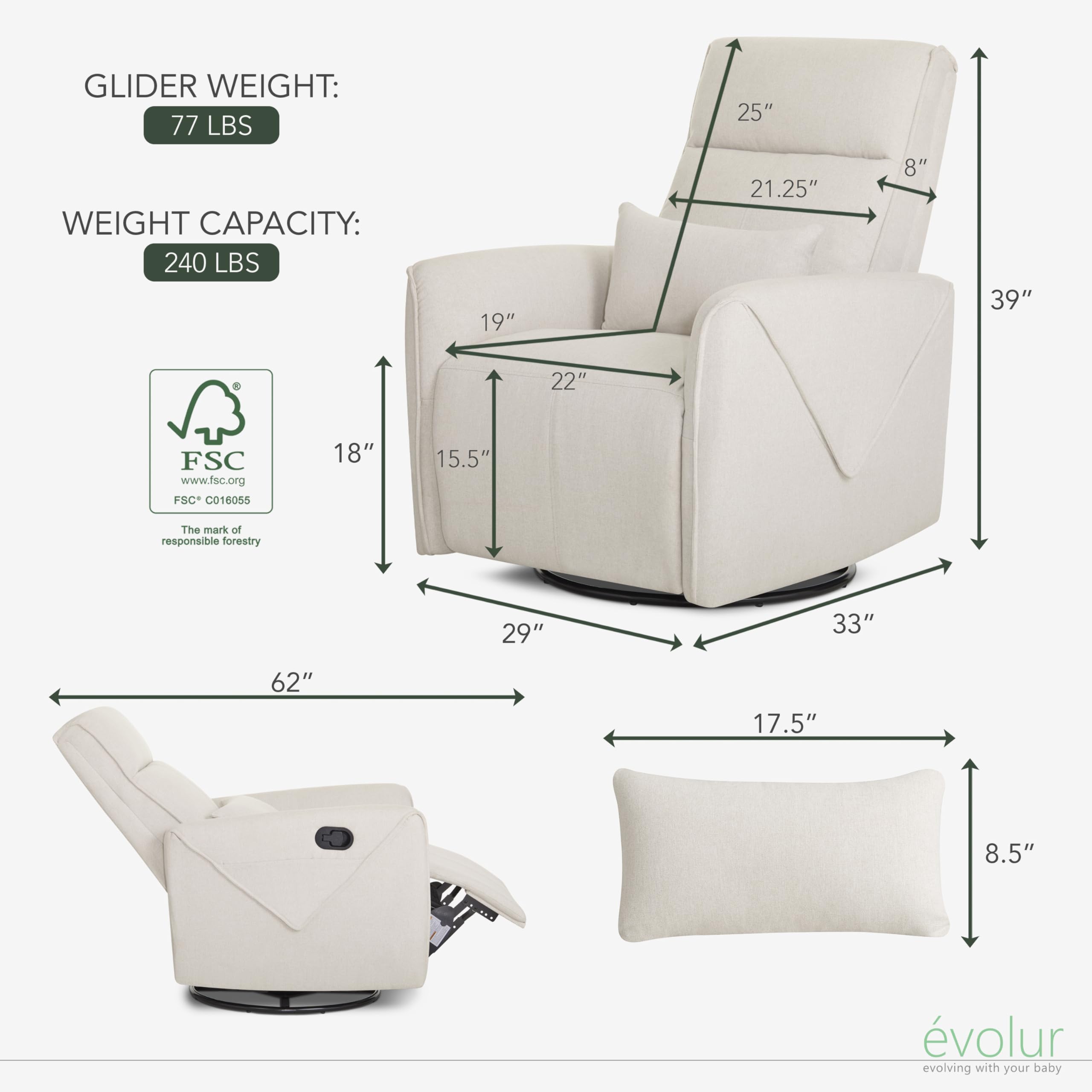 Evolur Sylas Manual Recline Glider with 360° Swivel, Gentle Glide, Stylish Design, and Lumbar Support for Ultimate Comfort, in Light Sand