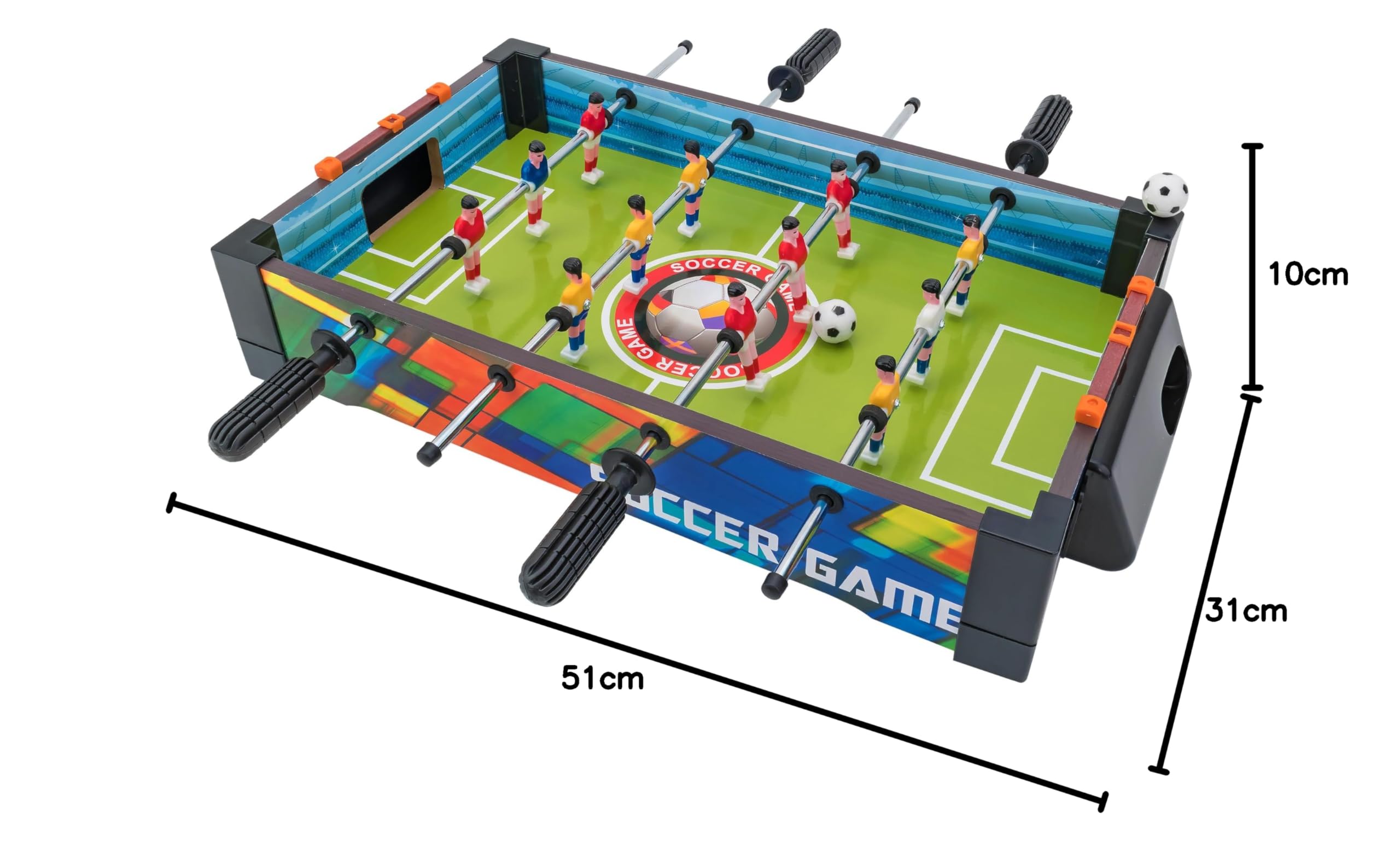 Calcetto da Tavolo in Legno - Dimensioni 51 x H 10 x 31 cm - 2 Aste con Manopola per lato - Ideale per 2 giocatoli - Portatile - Calcetto Bambini 3 anni - Globo Giocattoli - Family Games 42181
