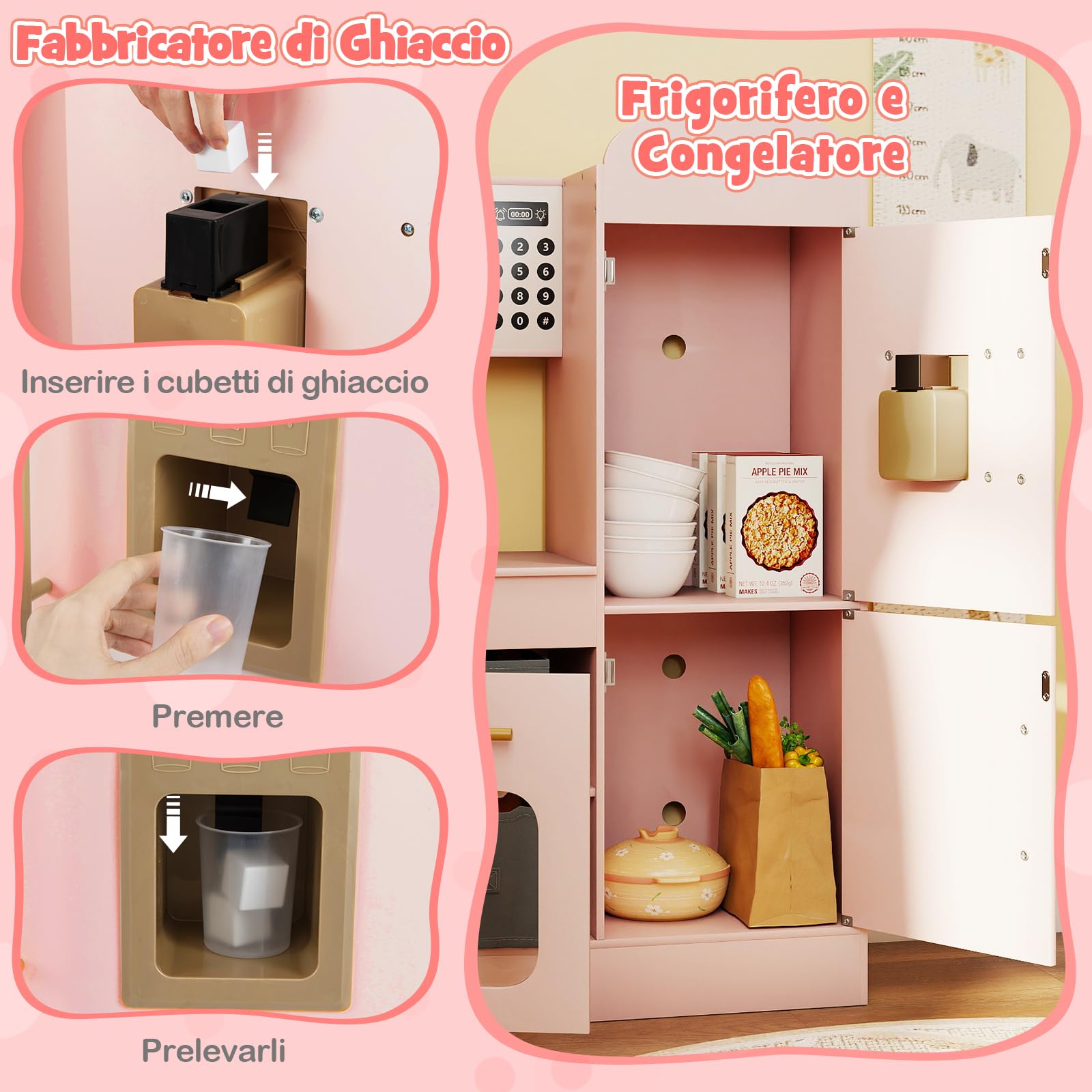 COSTWAY Cucina Giocattolo Angolare in Legno, Set di Cucina Giocattolo per Bambini con Lavabo, Fornelli, Forno, Frigorifero, Macchina del Ghiaccio e Accessori, per Bambini 3 Anni+ (Rosa)