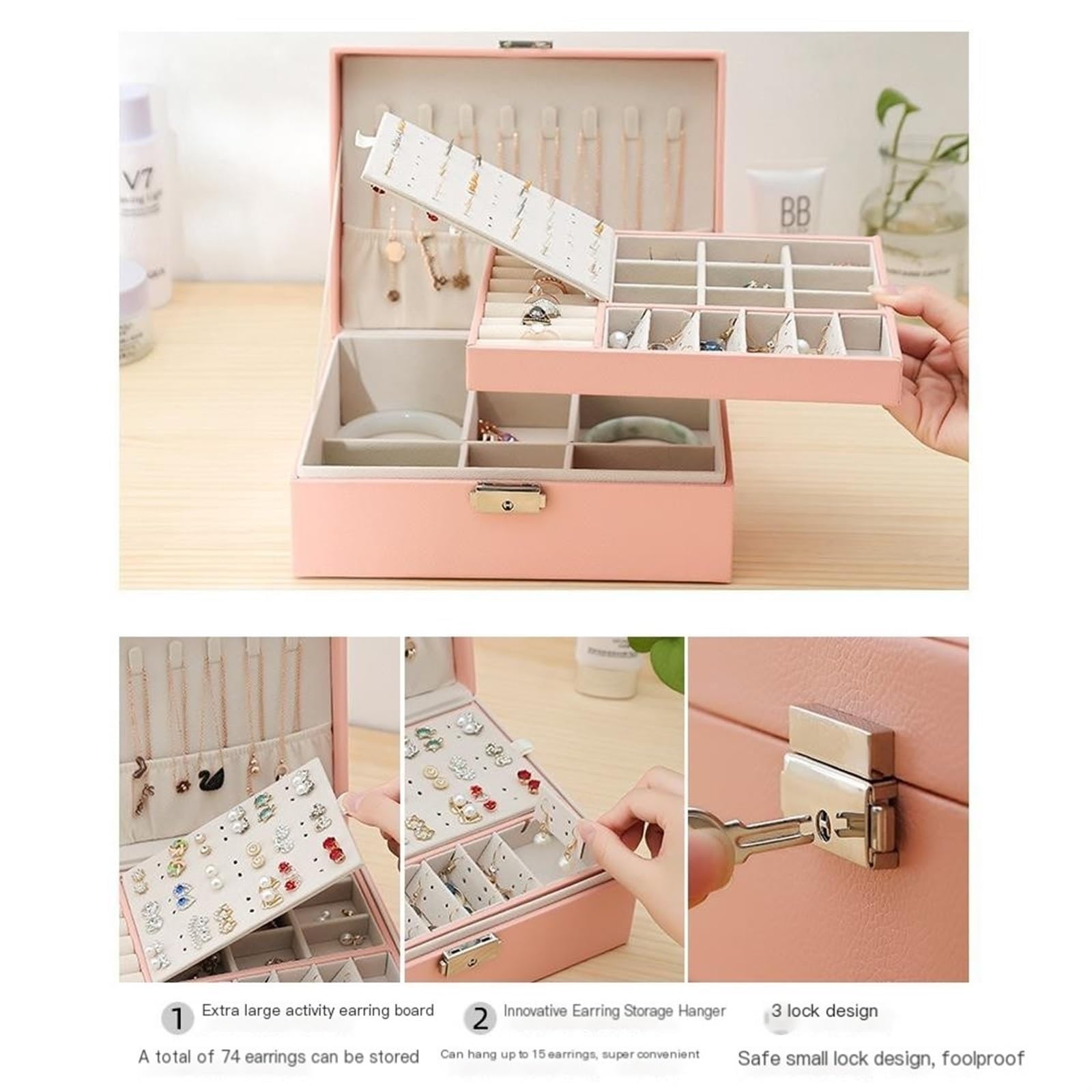 WZGWDC Schmuck-Organizer-Box, Leder-Schmuckkästchen für Mädchen, Schmuckschatulle