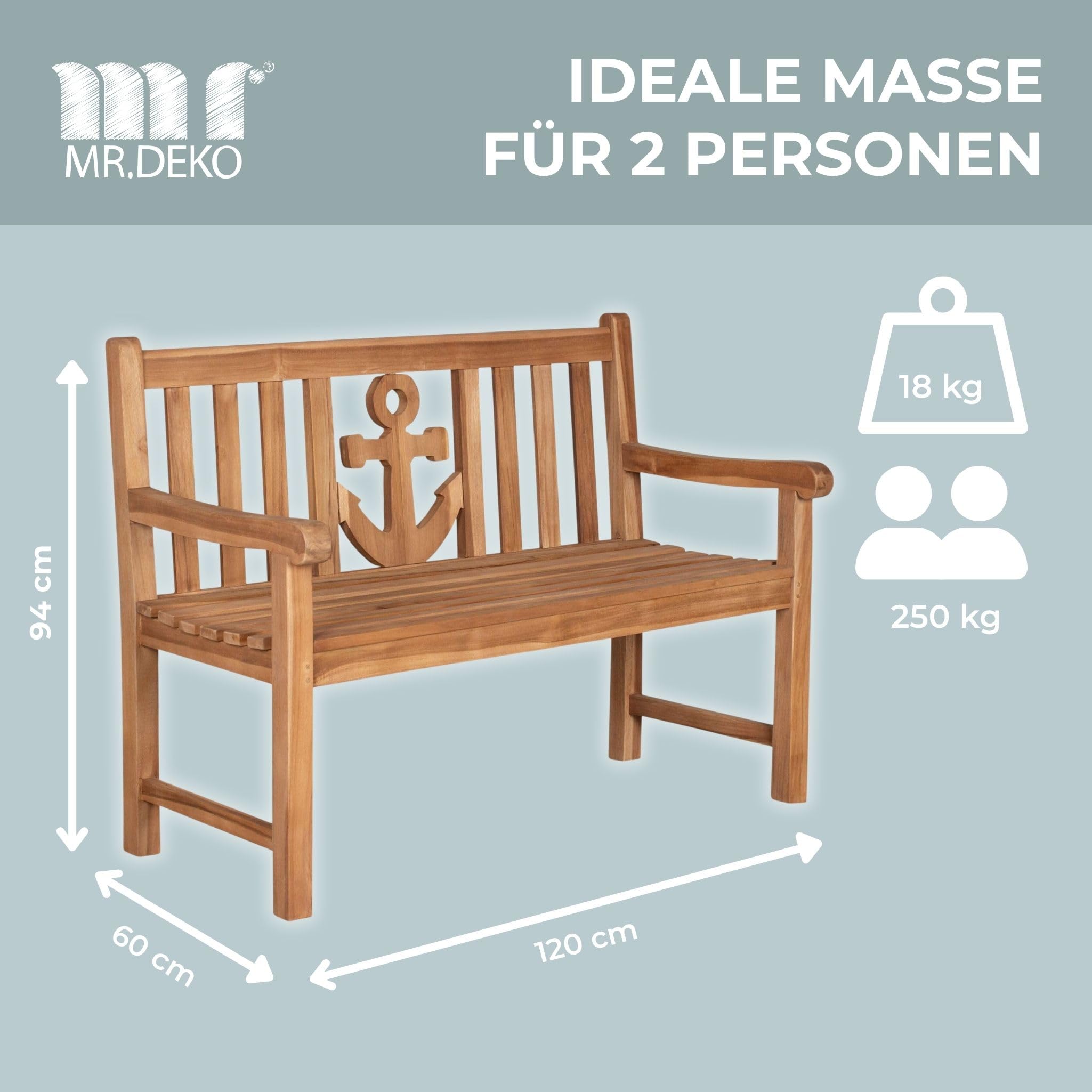 MR. DEKO Gartenbank Anker Teak Holz 120 cm | Gartenbank-Wetterfest 2-Sitzer | Holzbank Massivholz | Sitzbank Balkon Teakholz | Outdoor Bank Garten | Bänke Terrassenbank Robust | Sitzbank Outdoor