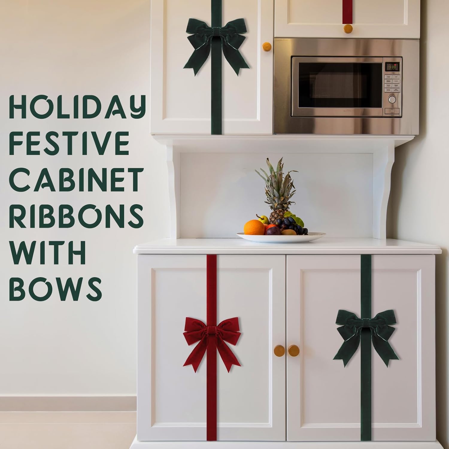 Knitgrip Set of 4 Christmas Velvet Cabinet Ribbon Bows 78 Inch Festive Large Xmas Bow Artificial Front Door Holiday Ribbons for Party Furniture Room Kitchen Decorations(Red,Green)