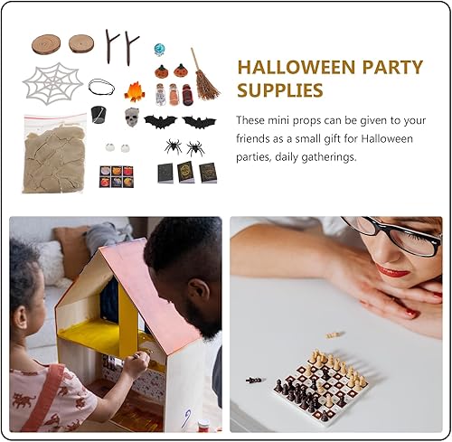 Miniatura 4 de LUOZZY Accesorios para casa de muñecas con temática de Halloween, diseño de murciélago de bruja en miniatura, calabaza, calavera y calabaza para