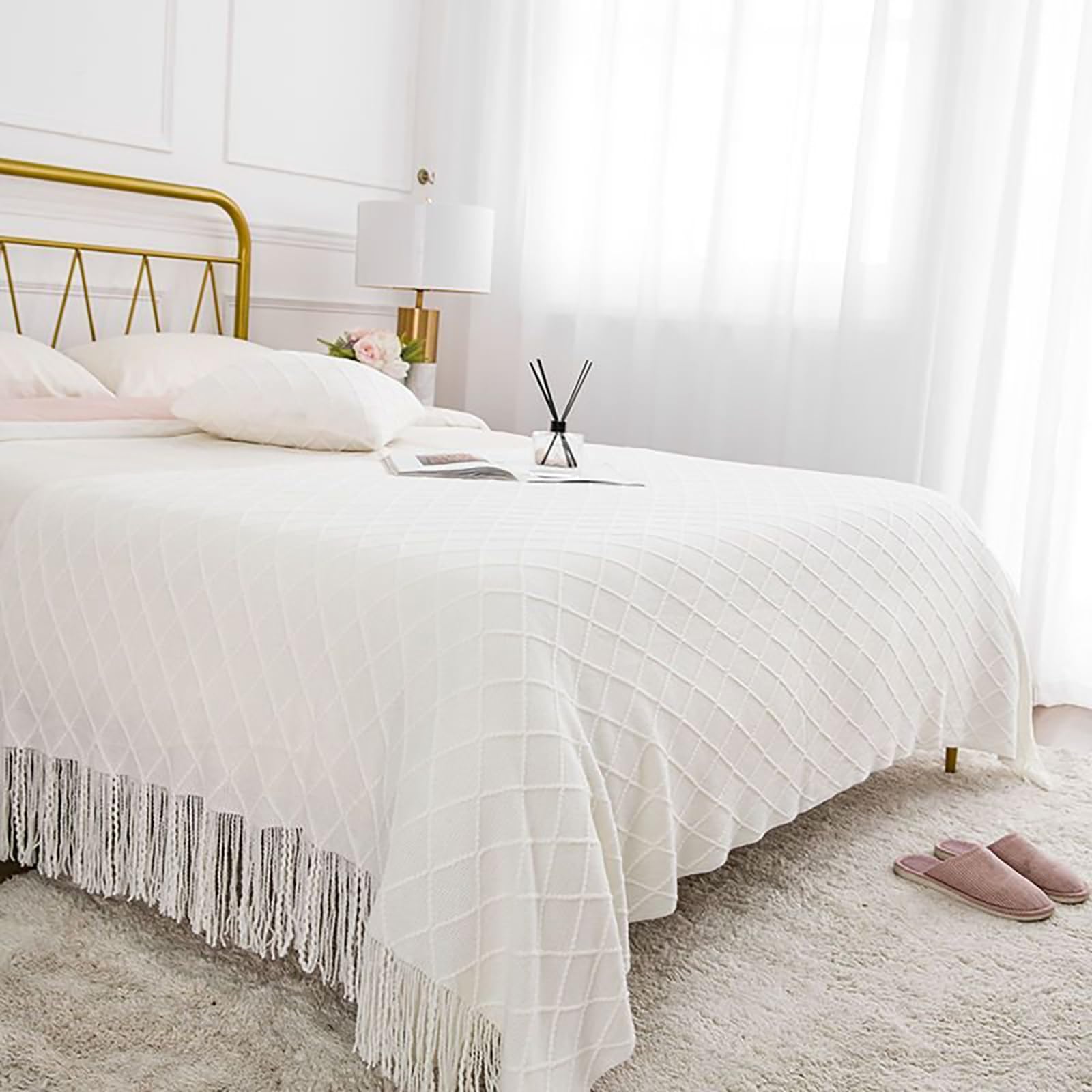 LRUPVEG Bed Runners King Size Home Decoration Blanket Cozy Soft Chunky Cable Knit Tassel Jacquard Knitted Blanket Hotel Bedroom Bedding(A-White,127 * 200cm)