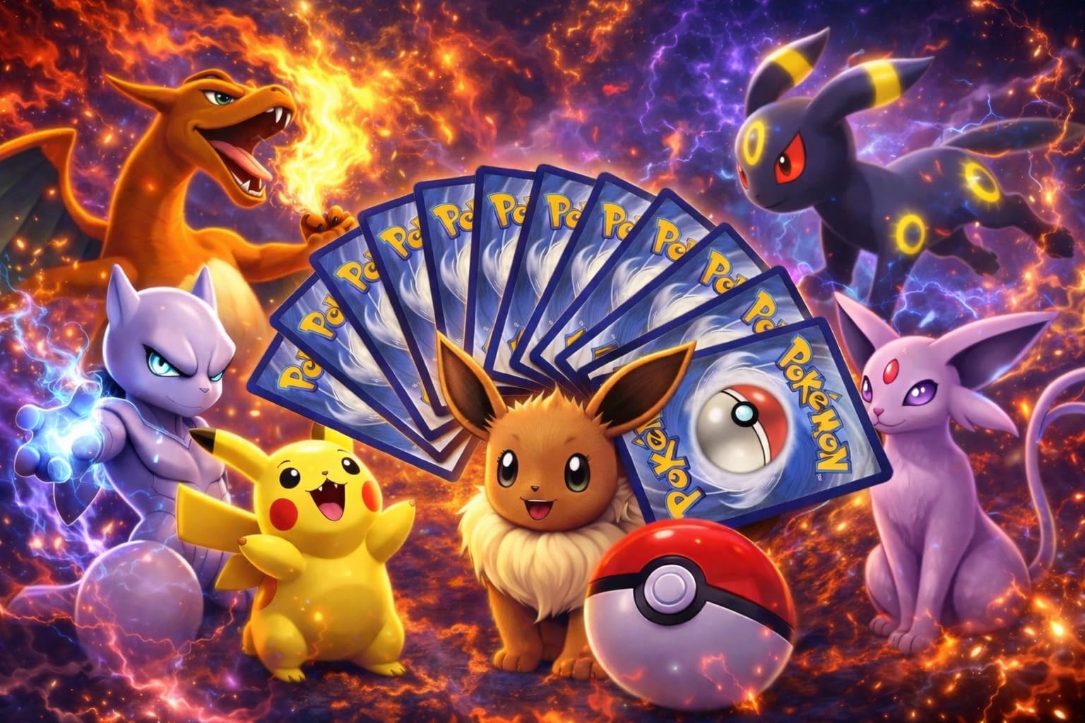 Pokémon Card Bundle – 50 Card Pack – At Least 4 Rare Cards – At Least 6 Over 100 HP – Mixed Sets & Eras – English Trading Card Bundle – No Duplicates - Bundle by Mysterial