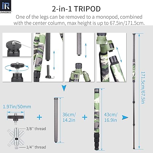 Miniatura 7 de Trípode de fibra de carbono INNOREL-RT75CG con cubiertas de patas de trípode camufladas verdes