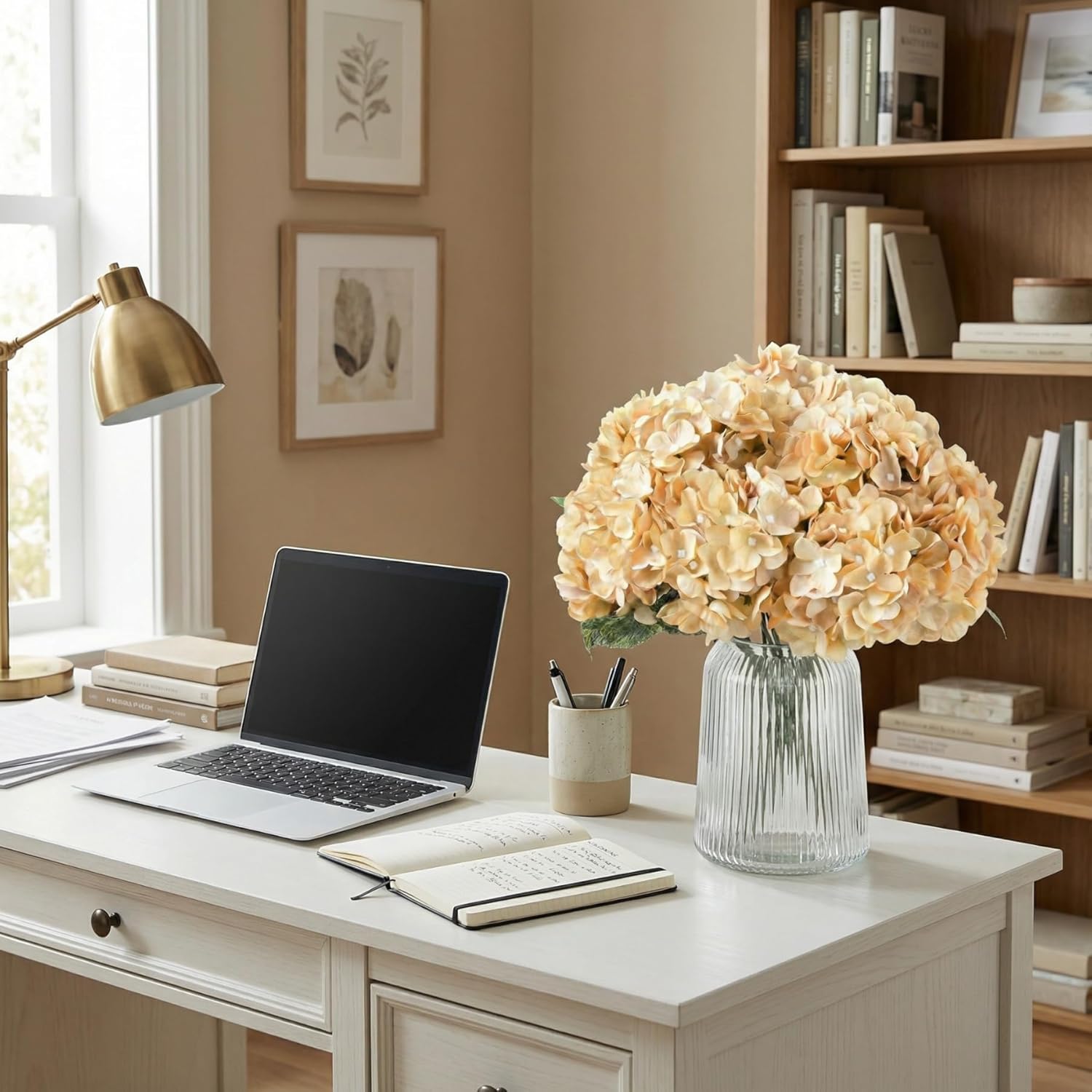 2Bouquets Artificial Fake Flowers Plants Silk Hydrangea Arrangements Wedding Bouquets Decorations Plastic Floral Home Kitchen Garden Party Festival Bar DIY (Cream,5 Flower Heads) - Image 5