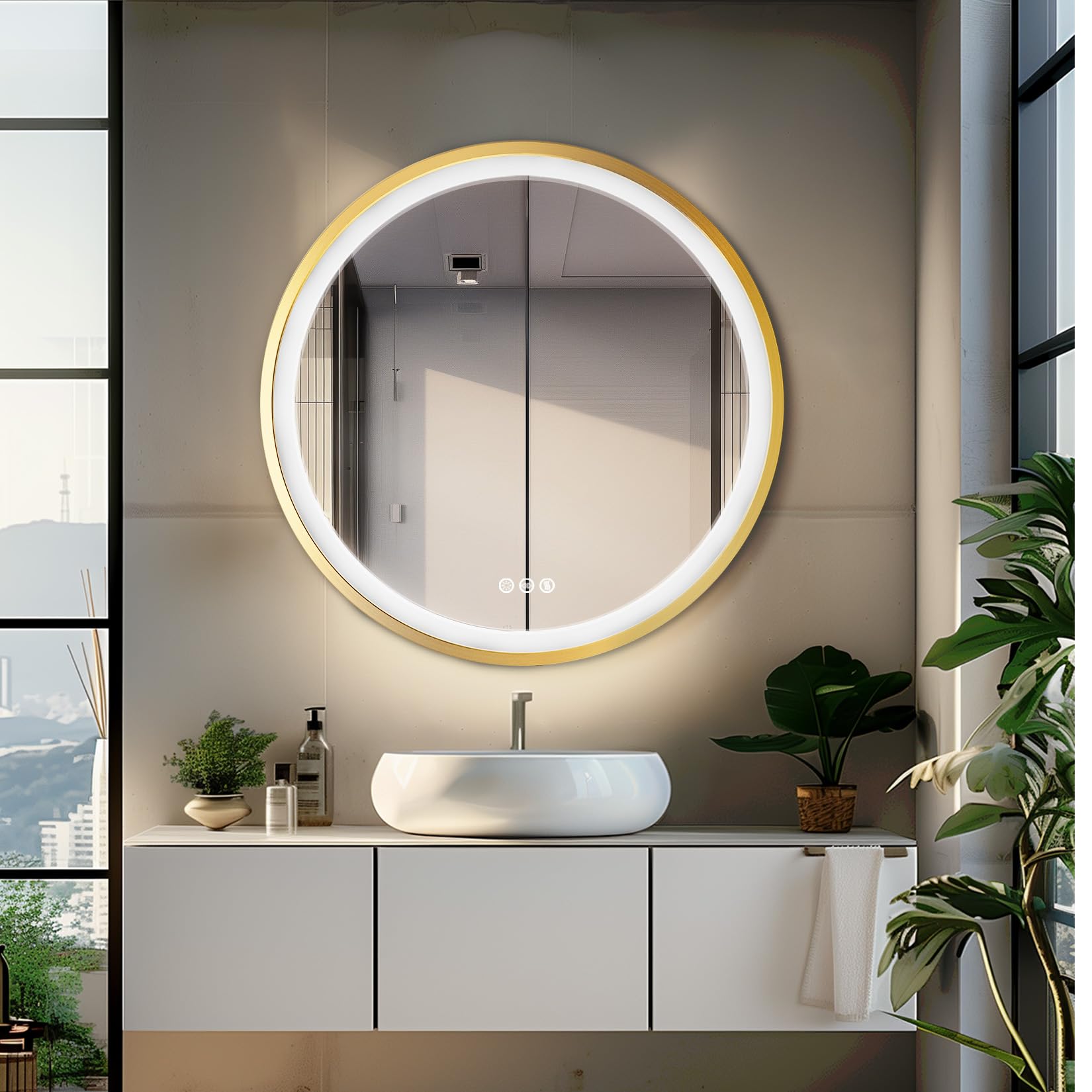 LUVODI Specchio Rotondo Bagno con Luce 80cm: Cornice Alluminio Dorato Specchio Bagno LED Tondo Illuminato Frontale, Dimmerabile, Disappannamento, 3 Colori Luce, Funzione Memoria, IP56