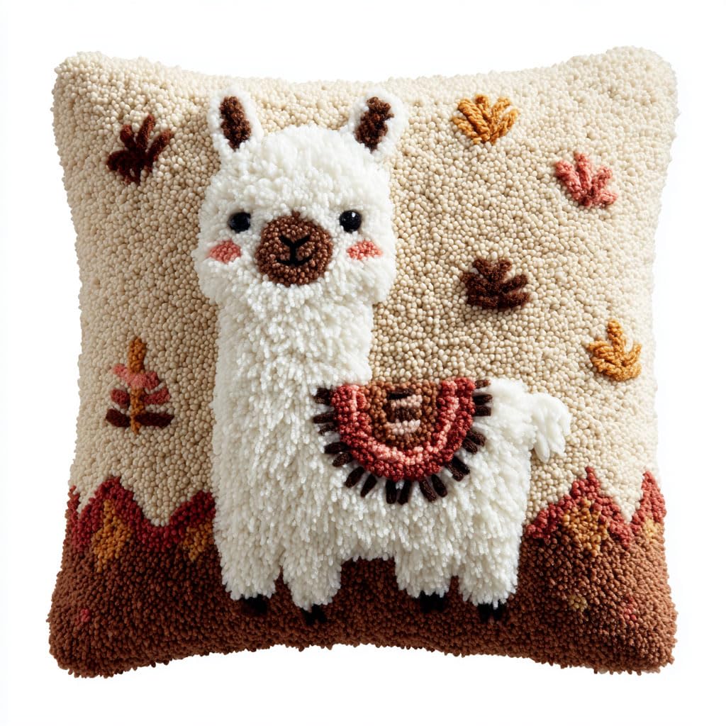 AMBATTERY Latch Hook Kits for Adults Animal Alpaca DIY Crochet Pillow Kit Pre-Printed Pillowcase Hook and Latch Rug Kits Needlework Cushion Cover for Home Decoration 43x43cm
