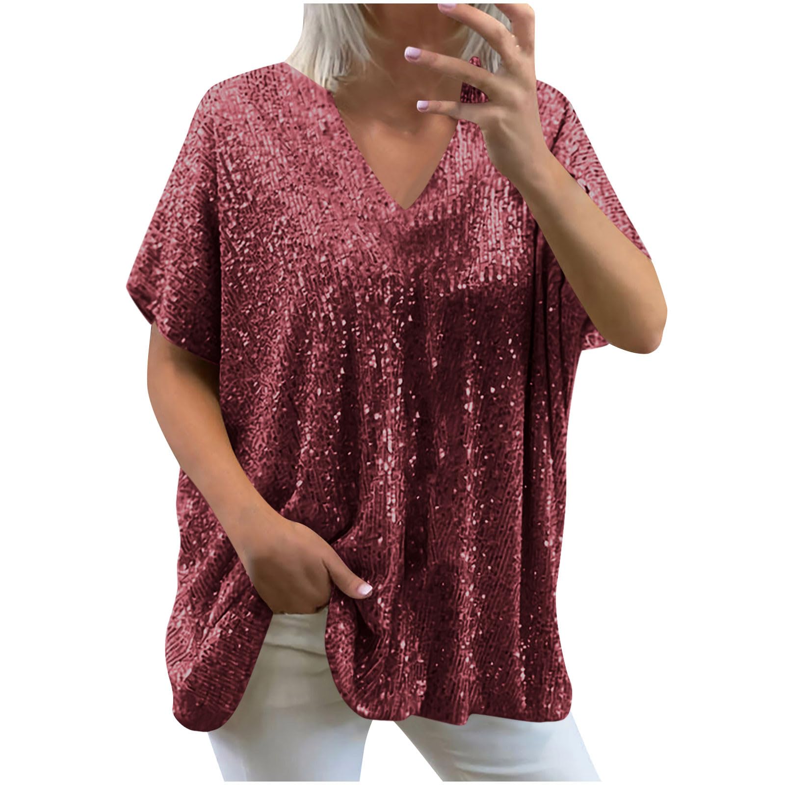 Top Donna Sexy Largo a Paillettes Scollo a V Profondo Maniche Corte Magliette Sparkly Curvy Manica a Campana Sequin Camicia Glitter Nera Capodanno Maglie Brillantini Sera Top Cerimonia Camicette