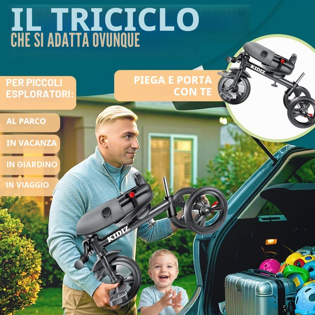 KIDIZ Triciclo 6 in 1 Dirigibile da 9 mesi Joggant anteriore e posteriore Peso massimo 25 kg Barra di spinta Cestino parasole Ruote in gomma
