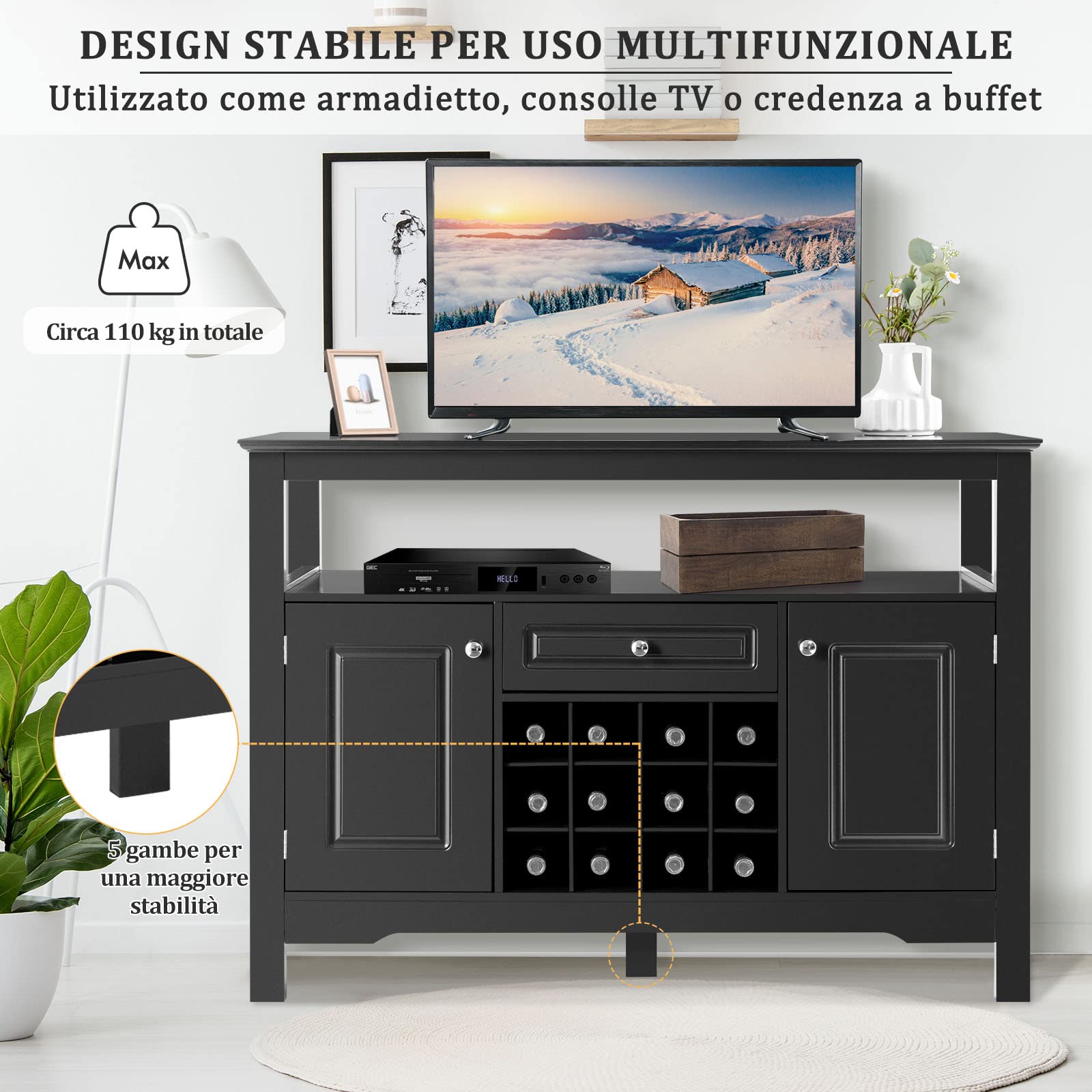 GYMAX Mobile Portabottiglie, Mobile da Buffet, Credenza con Cassetti e Armadietti, Scaffale per 12 Bottiglie in Legno, Ripiano Superiore Aperto, Mobile per Esposizione di Vini (NERO)