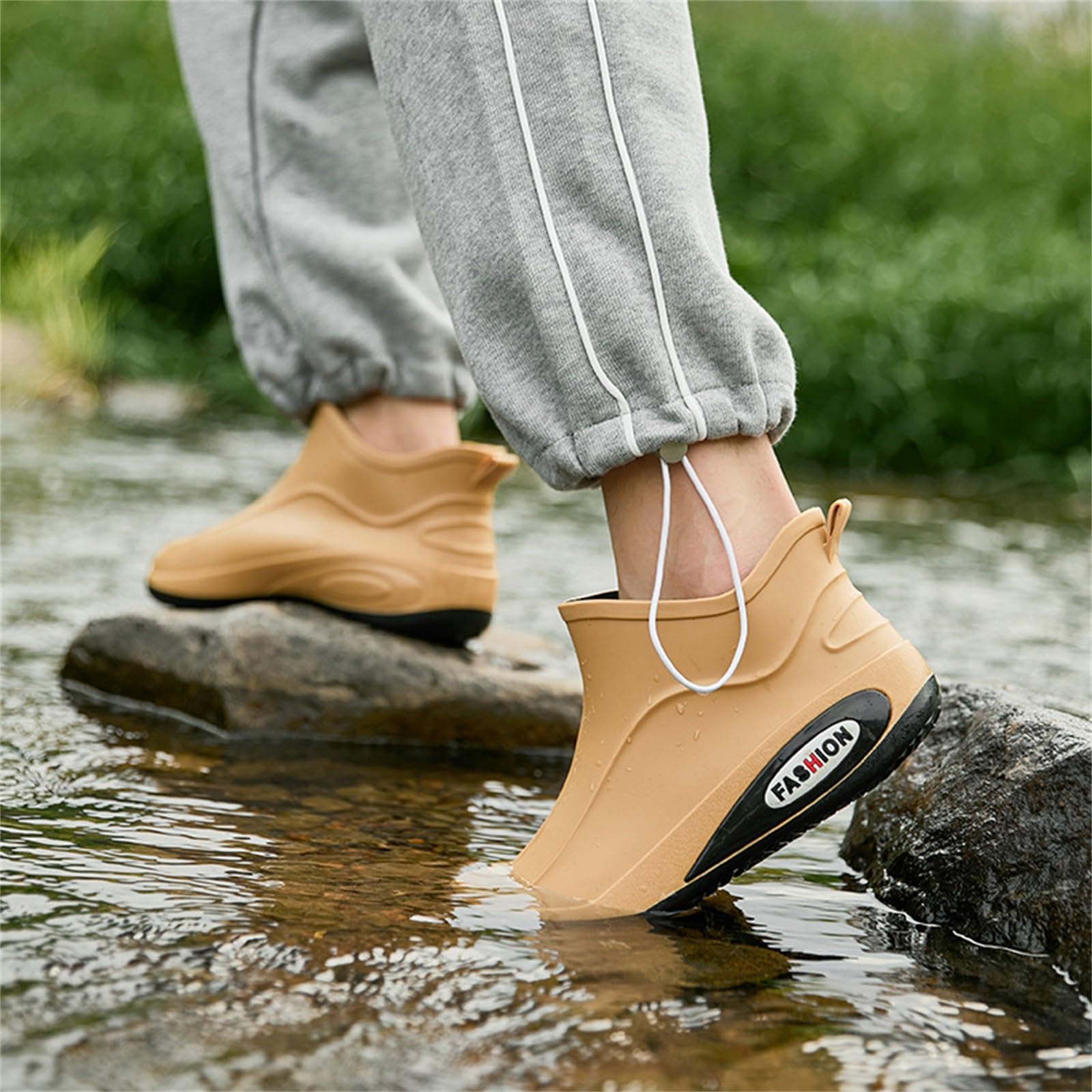 Męskie buty przeciwdeszczowe na co dzień wodoodporne krótkie kalosze z gumową podeszwą retro obuwie do ogrodnictwa wilgotne spacery po mieście, Khaki, 39.5 EU
