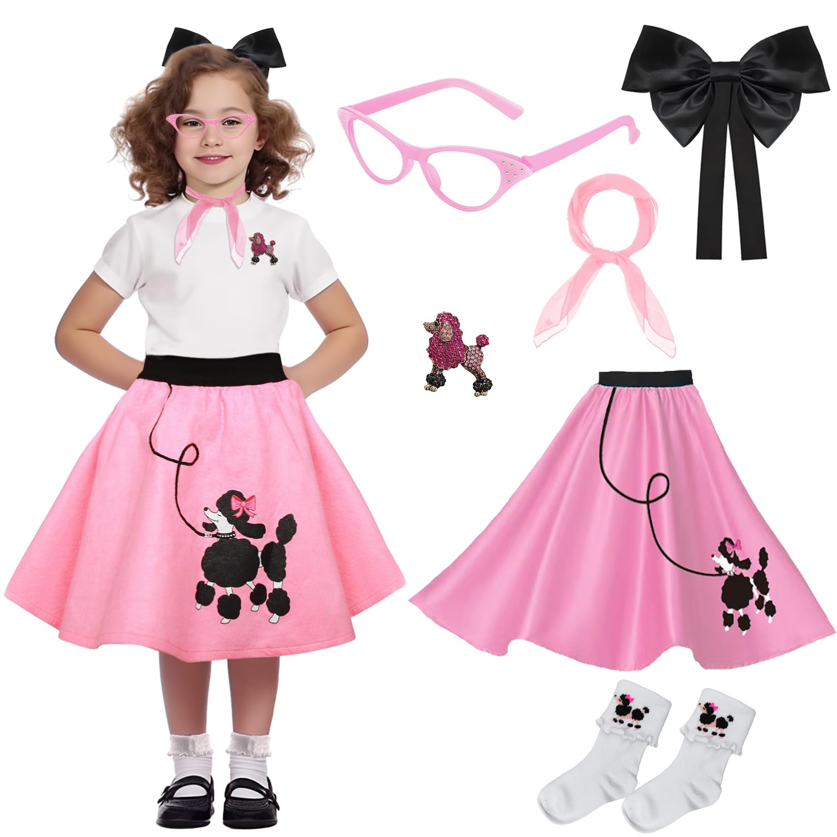 Pikpops 50s Girls Poodle Skirt Kids Sock Hop Outfit, Decades Day Costume - Grease Accessories Bobby Socks, Scarf & Glasses (Pink, 4-6 Yrs)