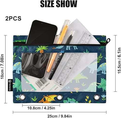 Miniatura 3 de Emelivor Estuche para lápices de dinosaurio verde para carpetas de 3 anillas, paquete de 2 bolsas de gran capacidad con cremallera transparente para