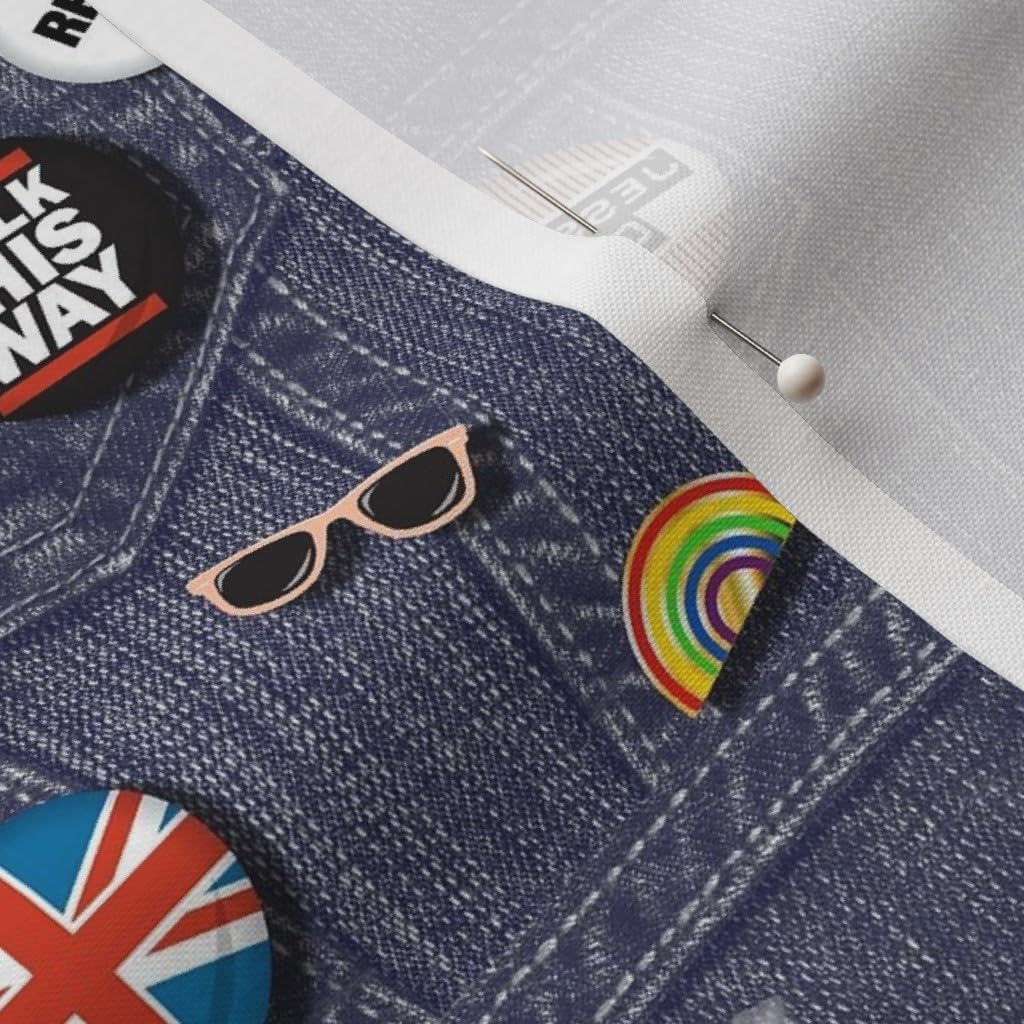 Spoonflower Fabric - 80S Rock & Roll Pins Music Retro Denim Band Typography Words Fashion Printed on Petal Signature Cotton Fabric by The Yard - Sewing Quilting Apparel Crafts Decor