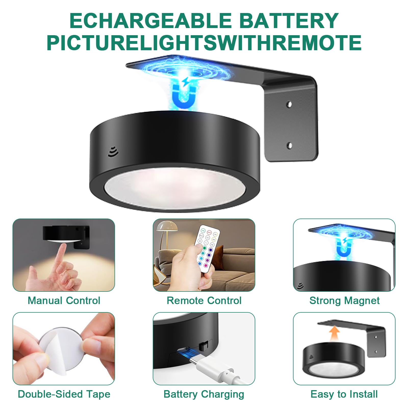 JIMACRO 3 Stück Magnetisches LED Malerei Licht, RGB Aufladbar LED Spot mit Fernbedienung, Lichter Schlafzimmer Wohnzimmer Bildbeleuchtung Leuchte, Vitrinenbeleuchtung Kabellos für Bilderrahmen Bilder