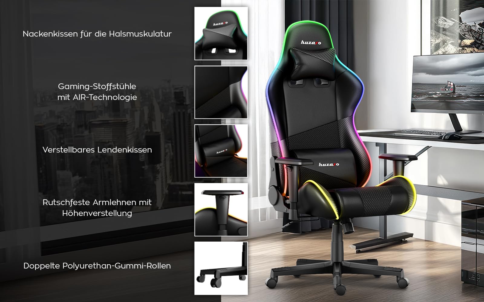 huzaro Force 6.2 White Mesh Gaming Chair Office Chair Gamer Chair Fabric Up to 130 kg Load Capacity Height Adjustable Headrest Lumbar Support Ergonomic White