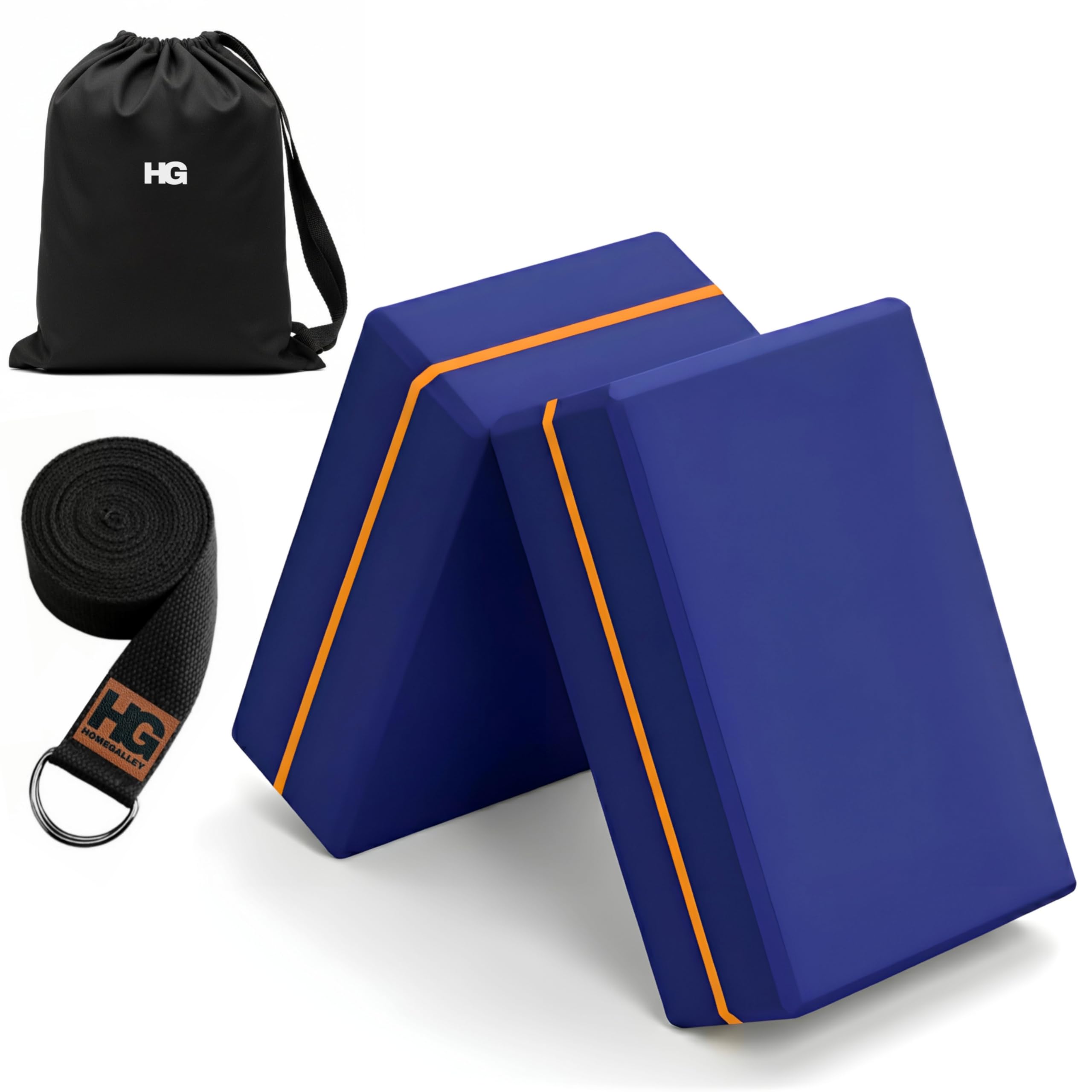 HOMEGALLEY Yoga Blocks Pack of 2 with Belt for Exercise High Density Eva Exercise Block Pair to Improve Strength, Balance, Stretching Yoga Bricks Set with Strap for Women and Men, Navy Blue