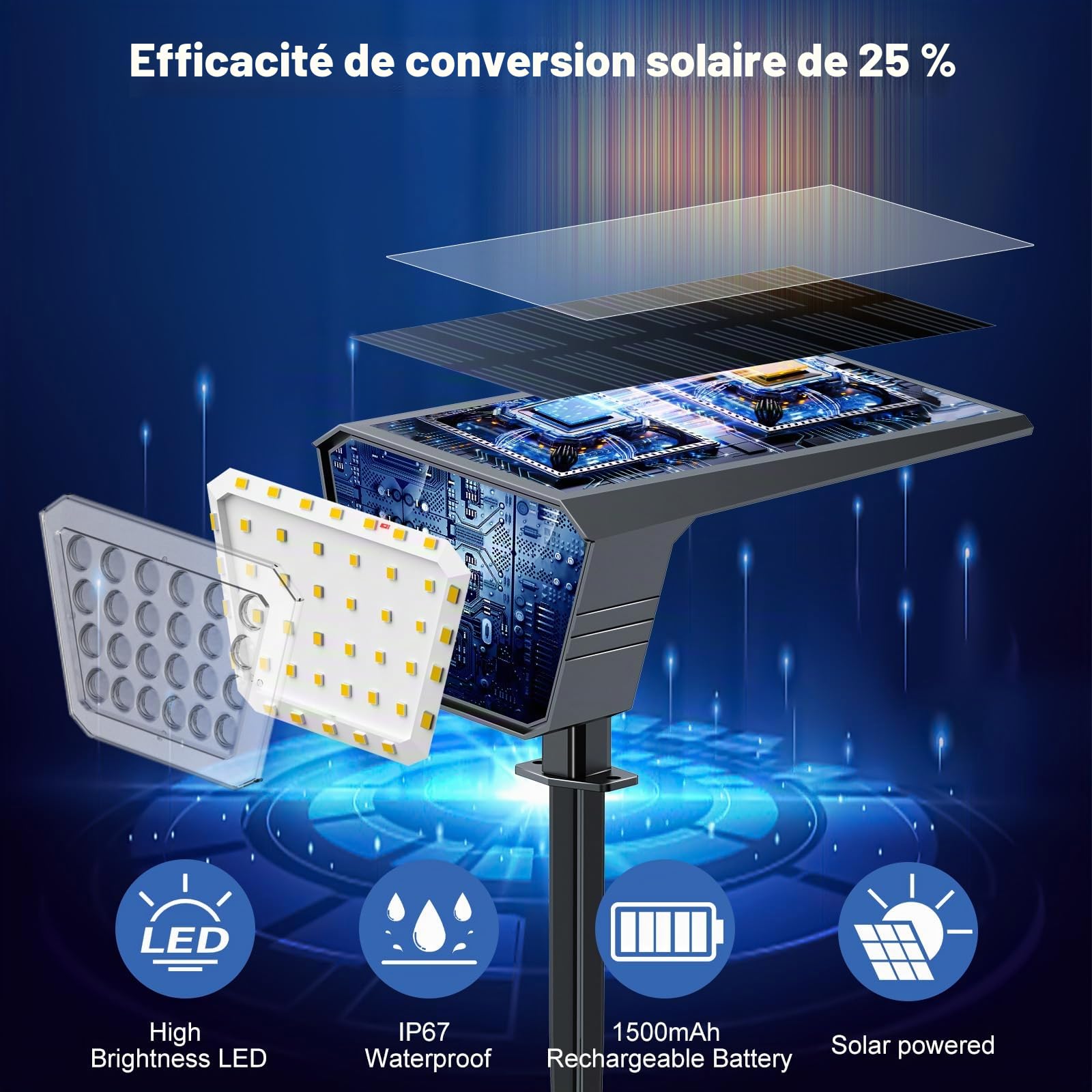 FIFlying Lot de 4 Spot Solaire Extérieur, 44 LED Lampe Solaire Exterieur, 3 Modes d'Éclairage avec Étanche IP67 Lumiere Solaire Exterieur pour Jardin, Cour, Allée, Chemin - Blanc Froid