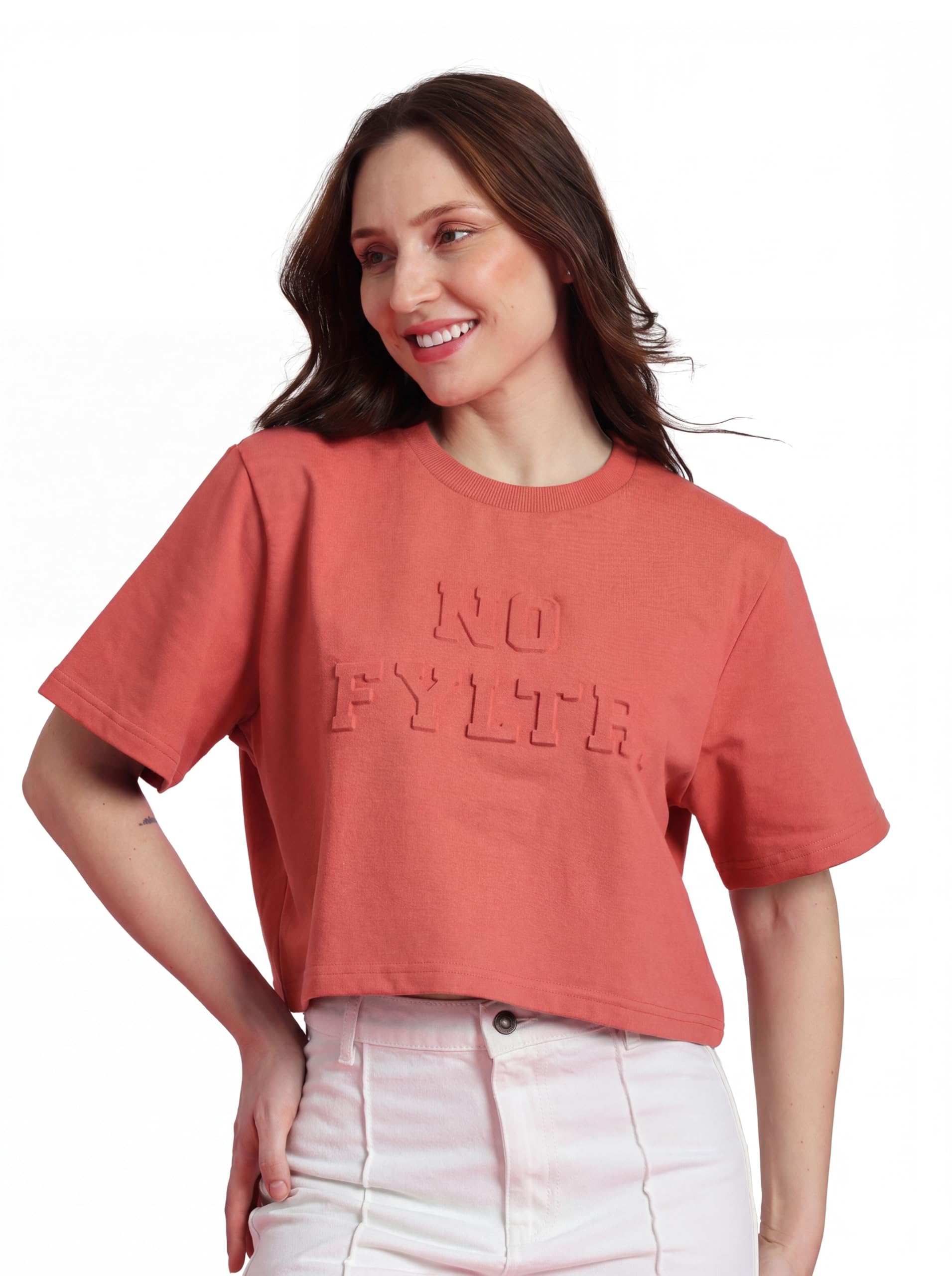 fyltr Women’s Solid T-Shirt –Embossed Tee | Round Neck | Half Sleeve | Casual T-Shirts for Women | Oversized Fit | Drop Shoulder | High GSM Fabric | | French Terry | Loose Fit-picture-21
