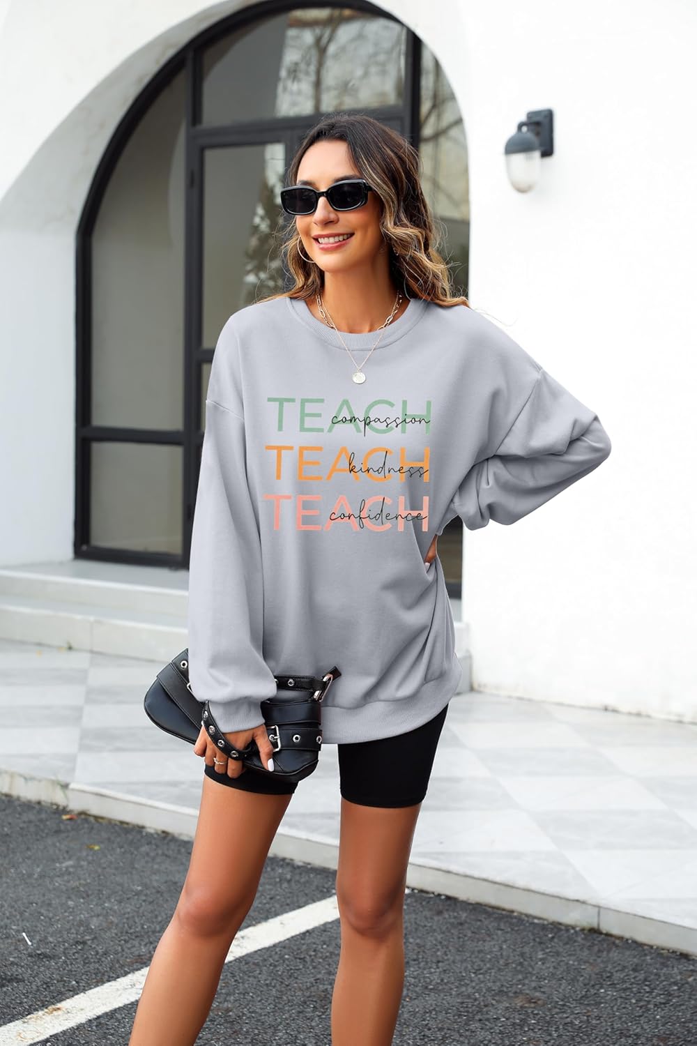 MOUSYA Teacher Sweatshirt Women Teach Compassion Kindness Confidence Shirts Casual Long Sleeve Pullover Tops - Image 3