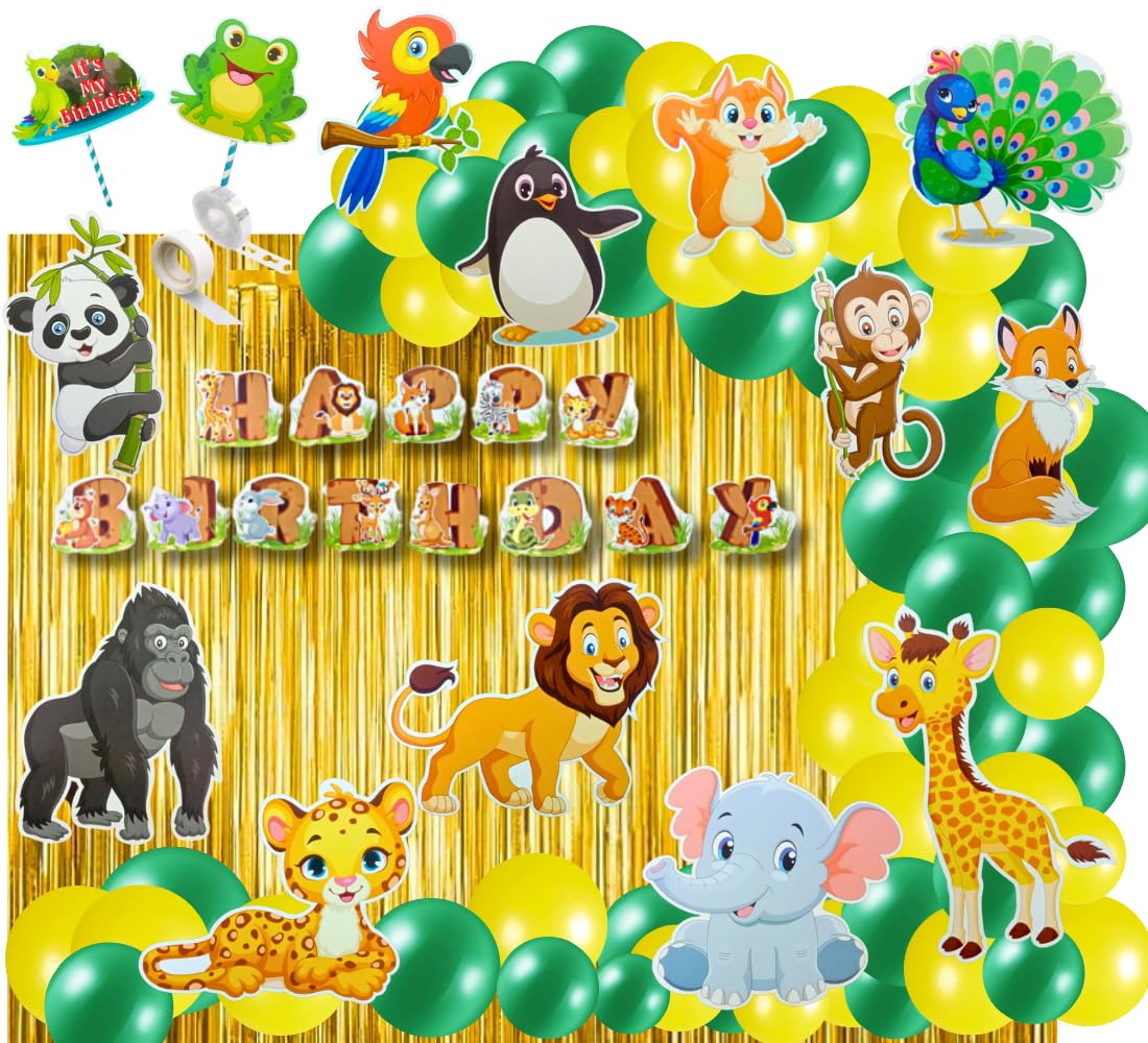 Rubber 70 Pcs Jungle Theme Party Decorations Safari Animals Cutouts for 1st Birthday Boys Animal Theme Decoration (Pack of 70, Multicolor)