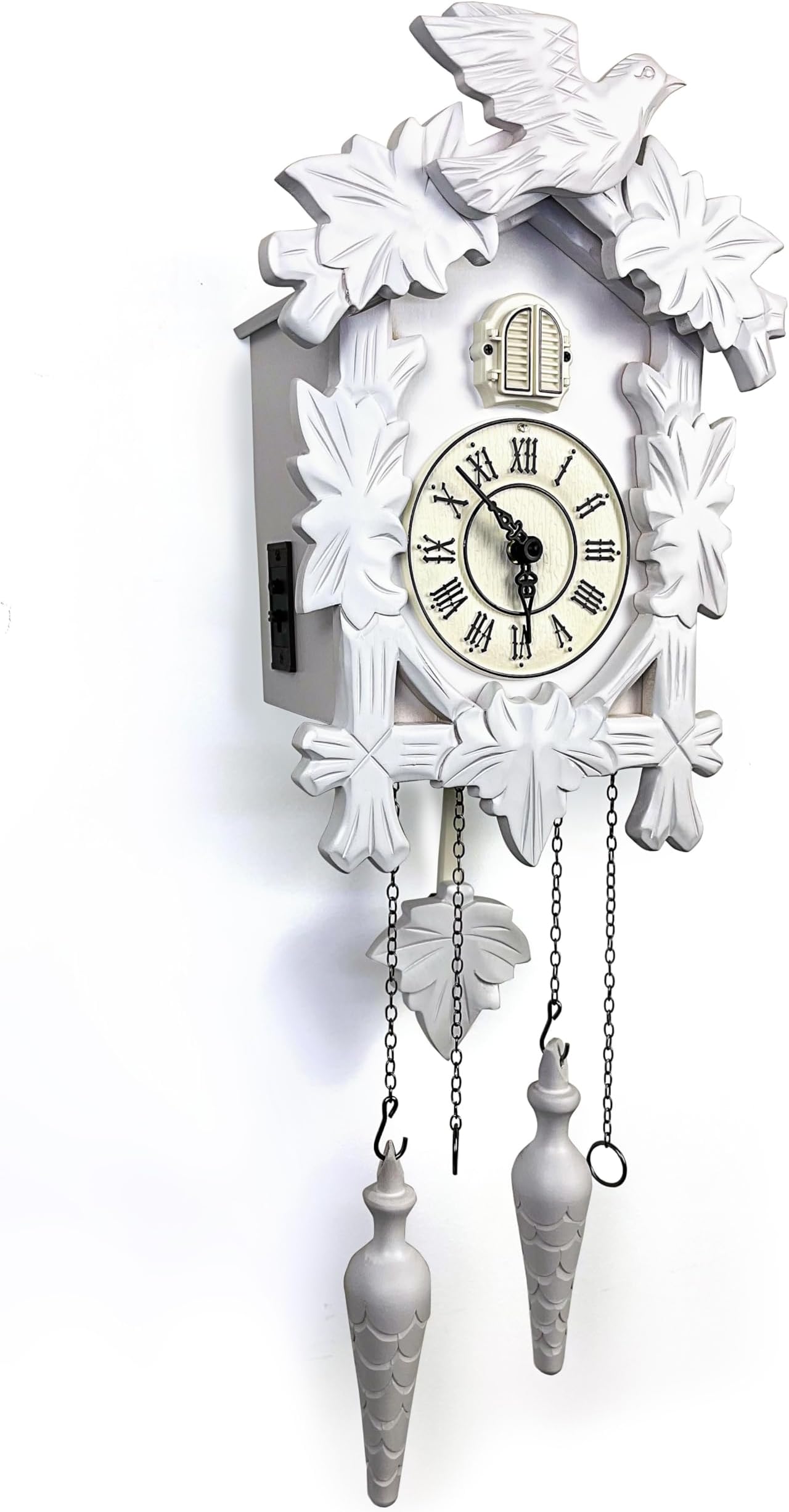 Rylai カッコウ時計 ヴィンテージ 大型 木製壁掛け時計 手作り 13x9.5インチ(ホワイト)