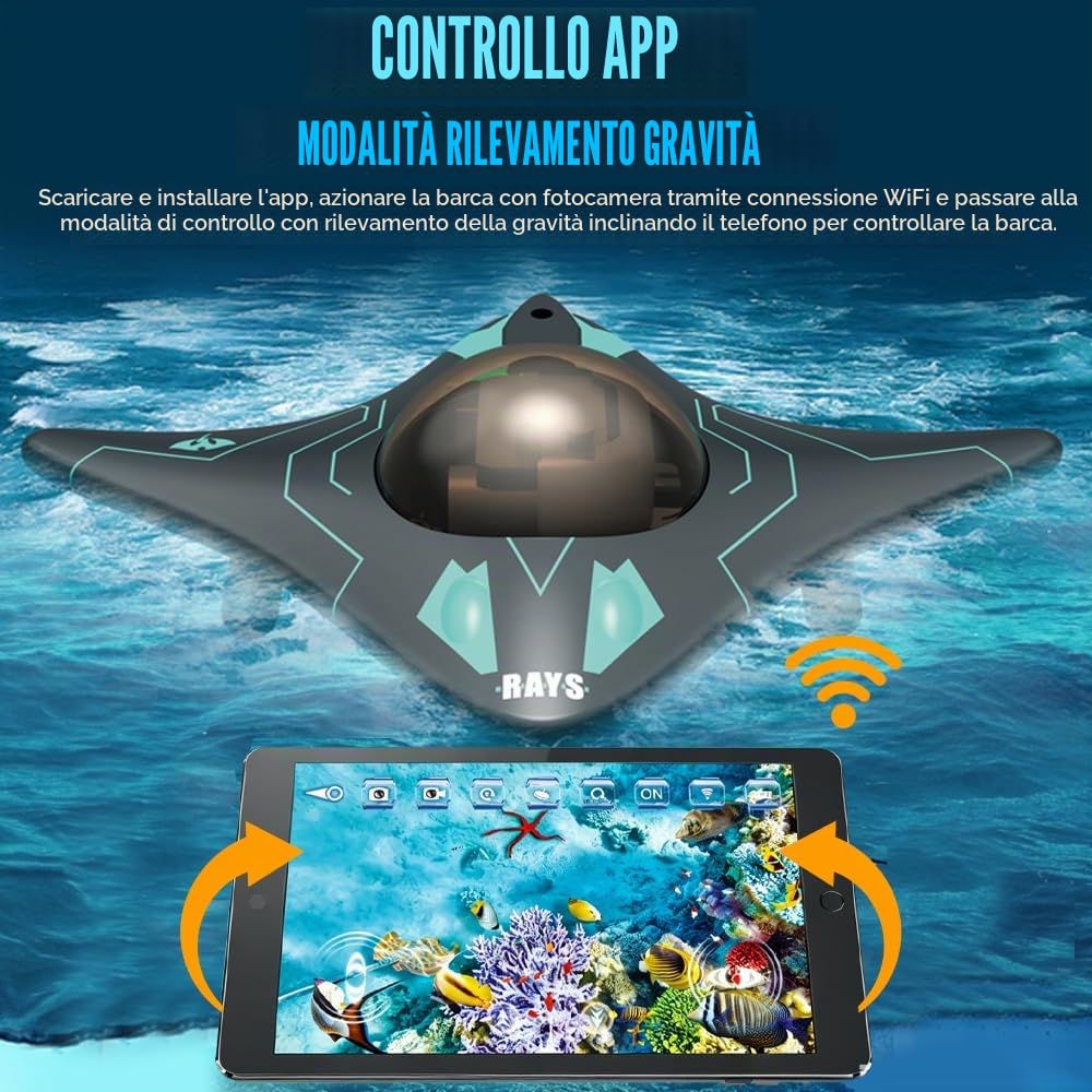 Barca telecomandata, barca RC con telecamera ad alta definizione, luci LED, controllo senza fili tramite app, angolo della telecamera regolabile, nave spaziale ad alta velocità