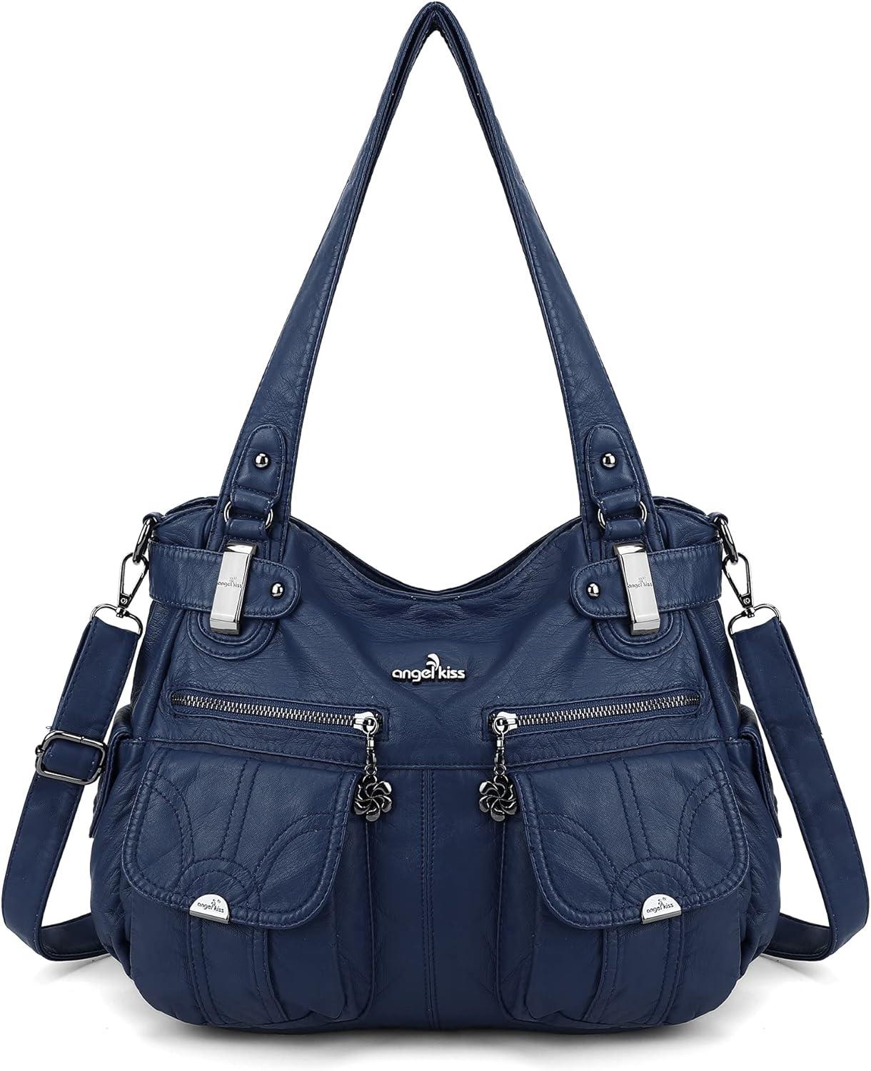 Angel Kiss Women's Designer Handbag Large Double Zipper Multi Pocket Washed Leather Purse