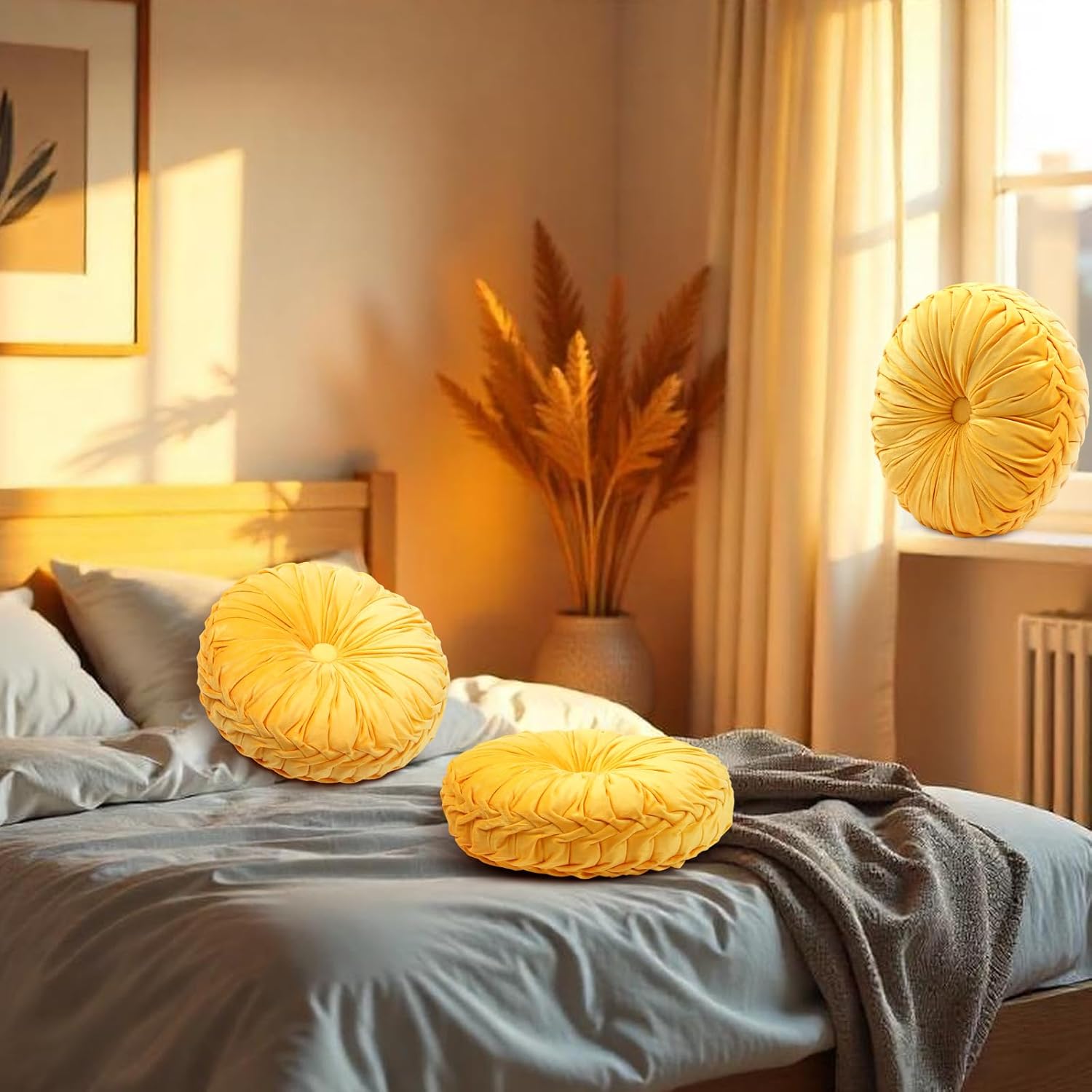 4 Pcs Round Throw Pillows 15 Inch Decorative Velvet Pleated Pumpkin Floor Boho Pillows for Living Room Couch Chair Bed Sofa (Yellow) - Image 5