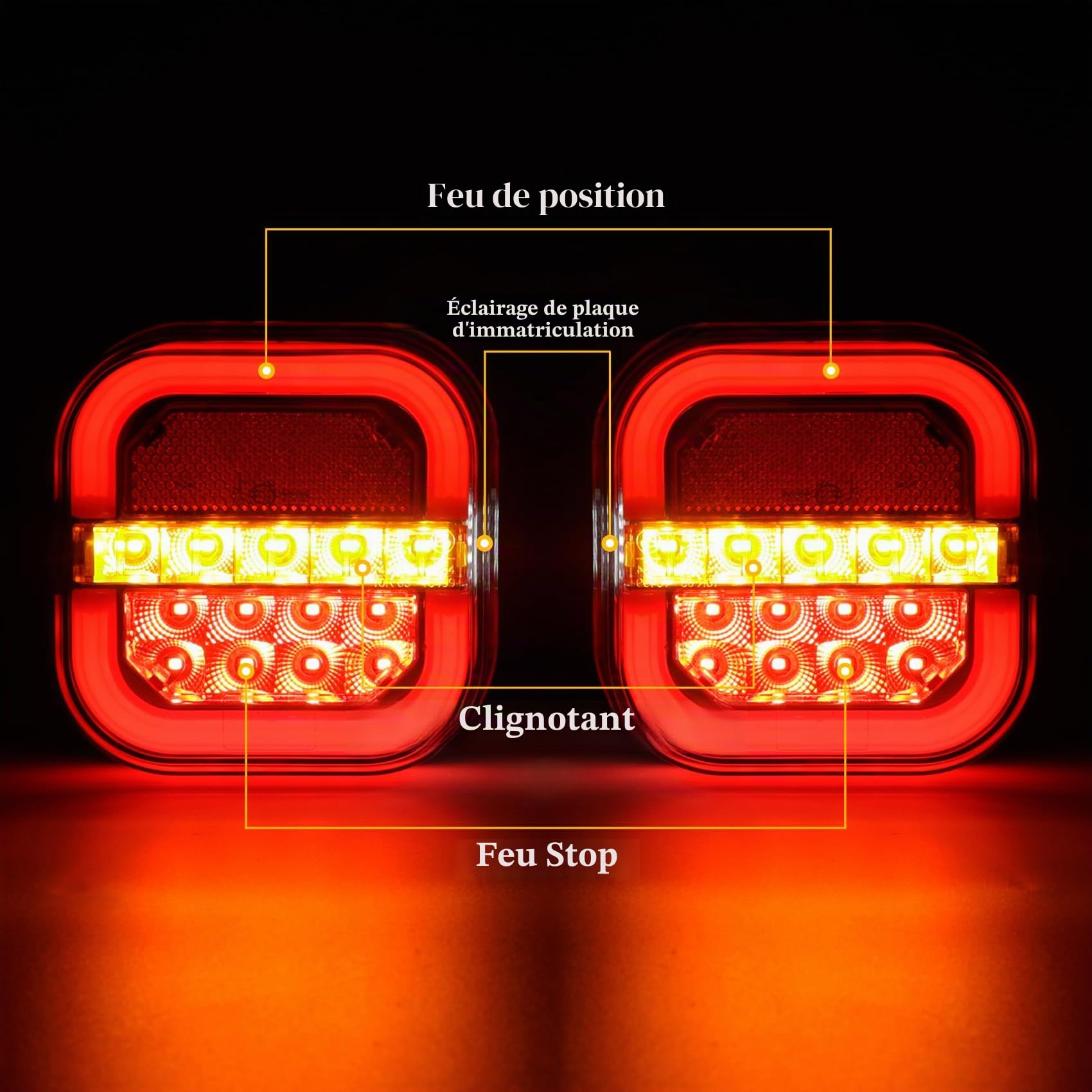 AOHEWEI 2 Pièces 12/24V LED Feux Arrière de Remorque avec étanche, Feu de Position de Frein Clignotant Dynamique Réflecteur de Lumière de Plaque D'immatriculation pour RV Caravane Van Camion E-mark