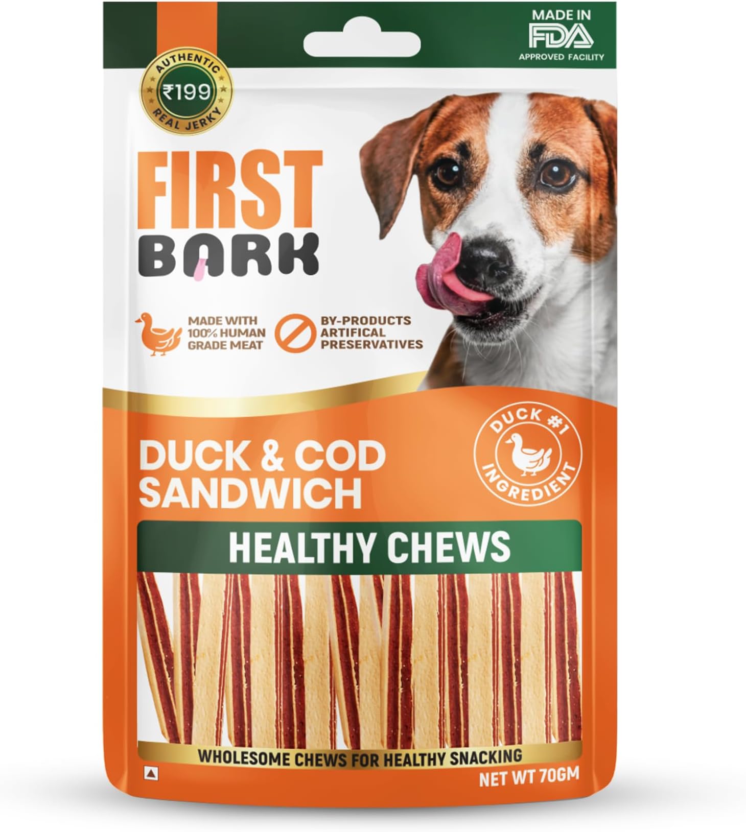 Dog Treats for Adult Dog & Puppy โ Healthy Chews Duck & Cod Fish Jerky for Dogs, Small Dogs & Shih Tzu | Dog Snacks & Puppy Treats โ Duck & Cod Sandwich (70g) x1