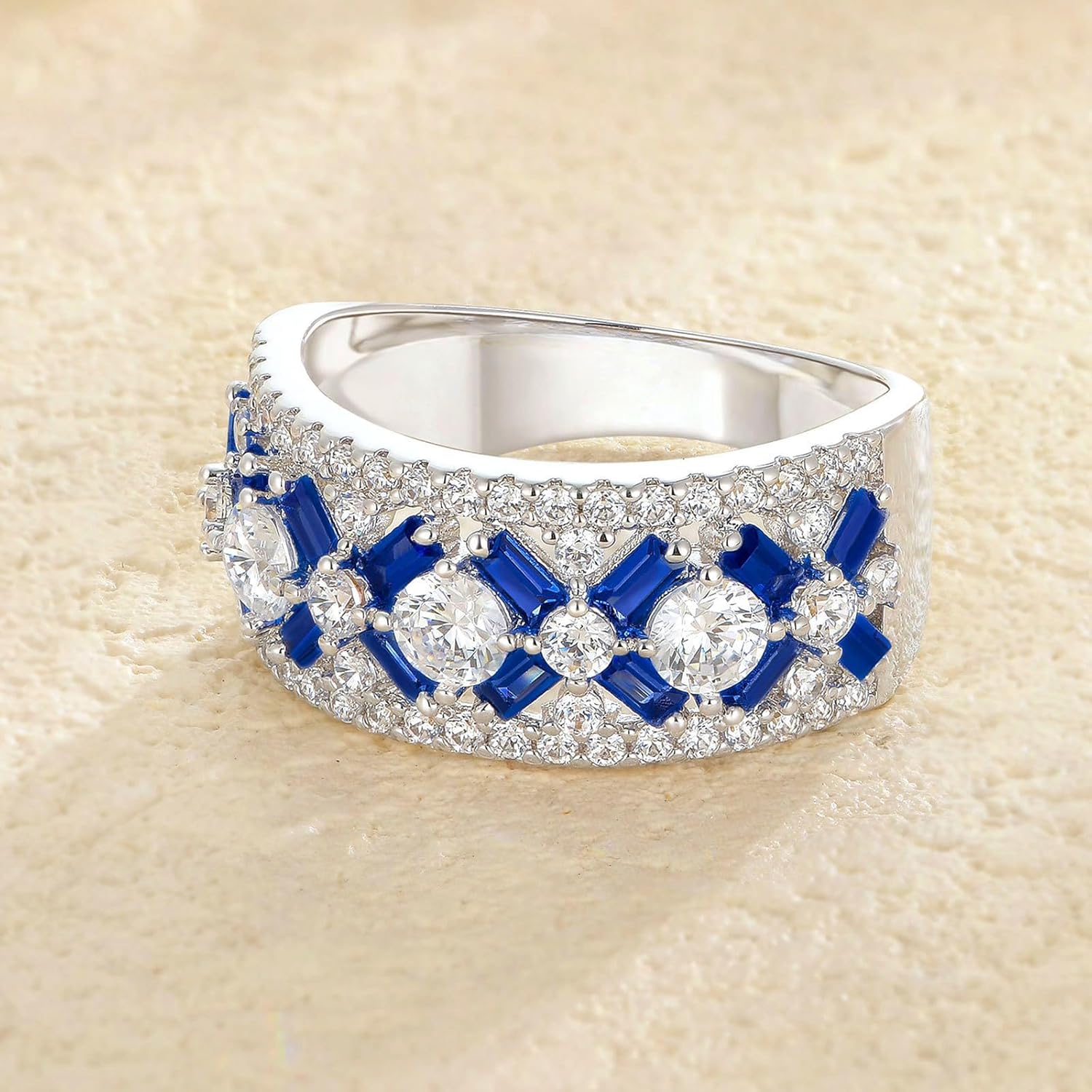 SHELOVES White CZ and Blue Created Sapphire Wide Wedding Bands for Women Elegant White Gold Baguette Rings 5-10